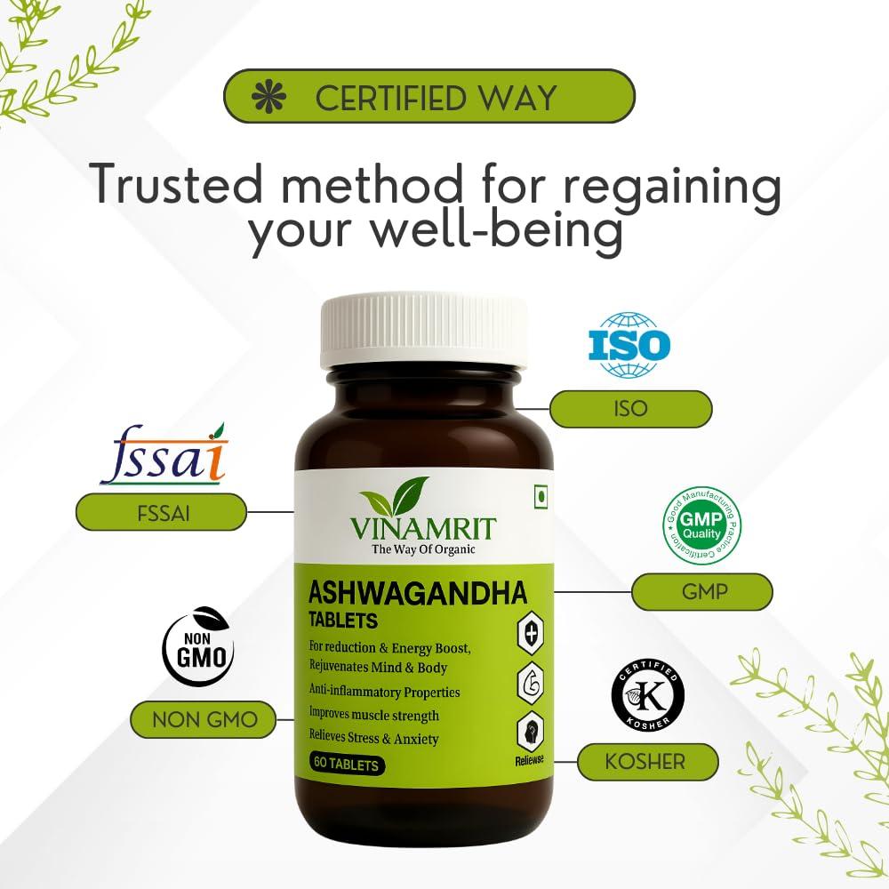 VINAMRIT Vinamrit Ashwagandha (1000 mg) for Stress Relief & Sound Sleep | Pure Root Withania Somnifera Extract | Improves Strength, Stamina and Muscle Recovery | 60 Tablets