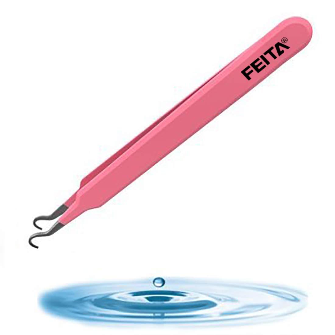 FEITA Blackhead Acne Extraction Tweezers - FEITA Pro & Surgical-Grade Stainless Steel Bend Curved Comedone Extractor Tweezer Tool for Remove Whitehead and Clogged Pores, Pimple - Pink