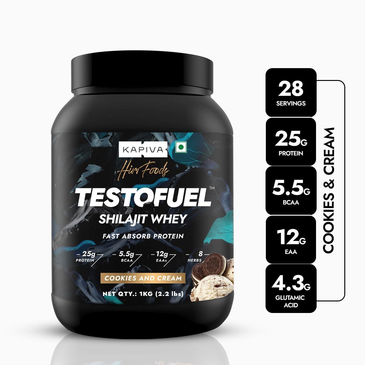 Kapiva Kapiva Testofuel Shilajit Whey Protein| 25g Protein | 250mg Shilajit | 5.5g BCAA | Cookies & Cream | Faster Absorption | Digezyme blend | WADA Compliant | 1Kg/ 2.2lb
