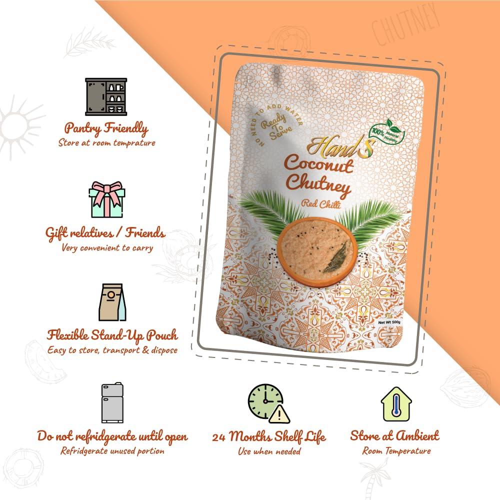 Hands HandS Red Chilli Coconut Chutney | 500 gms X Pack of 4 | Lal Mirchi / Mildly Spicy | No added Preservatives or Chemicals | No need to add Water | Vegan and Keto Friendly | best Dip for South and North Indian Dishes