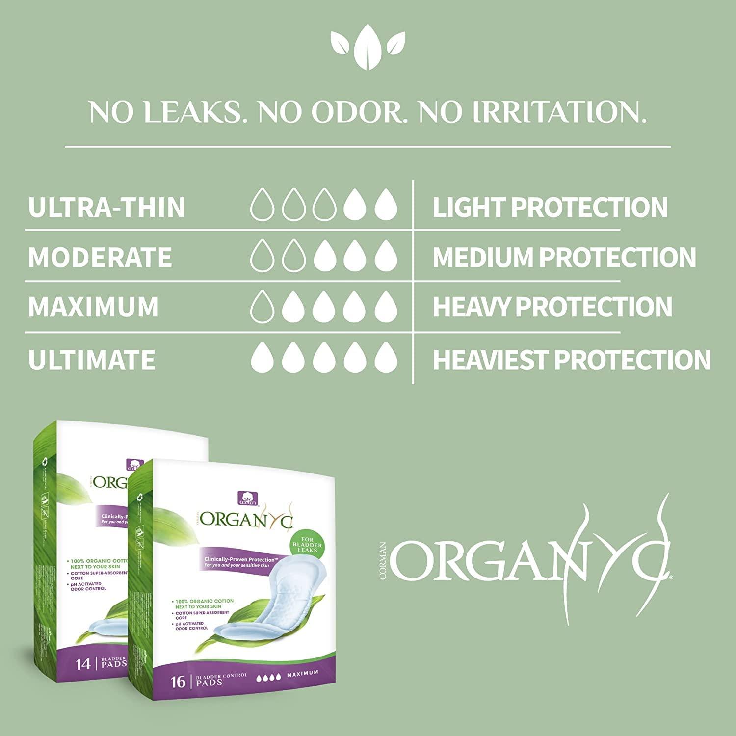 Organyc Organyc - 100% Organic Cotton Incontinence Pads for Bladder Leaks - Certified Odor Control, FSA/HSA Eligible, Moderate Flow, Regular Absorbency, 20 Count