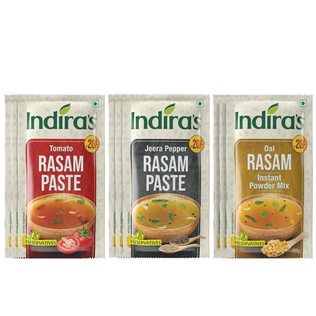 Indira's Indira's Instant Rasam Paste Combo: More Flavourful Than Rasam Powder. Just Add Hot Water. 3 Tasty Flavours: Tomato (50gX3), Pepper (50gX3) & Dal (35gX3)
