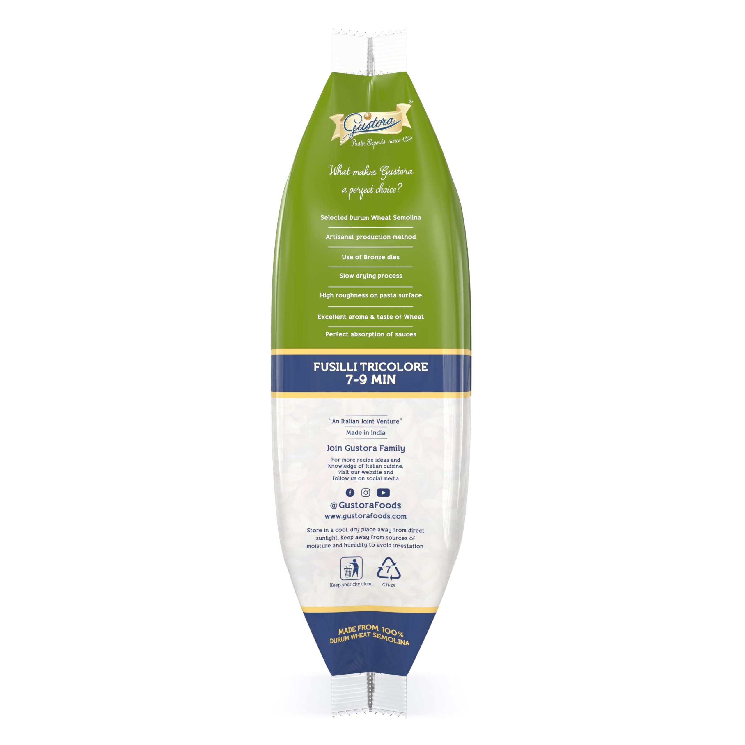 Gustora GUSTORA Healthy Trio Fusilli Pasta 500g I Made of Durum Wheat Semolina I No Maida I Vegetarian I Rich in Protein & Fibre I Zero Cholesterol I Cooking Time 10 Min (500G)