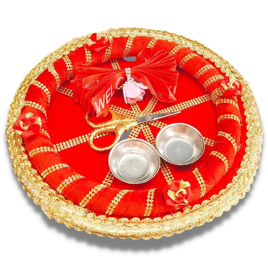 Unique Palette Unique Palette Welcome Ribbon Cutting Tray | Puja Thali for Wedding | Welcome Platter with Ribbon | Wedding Tray