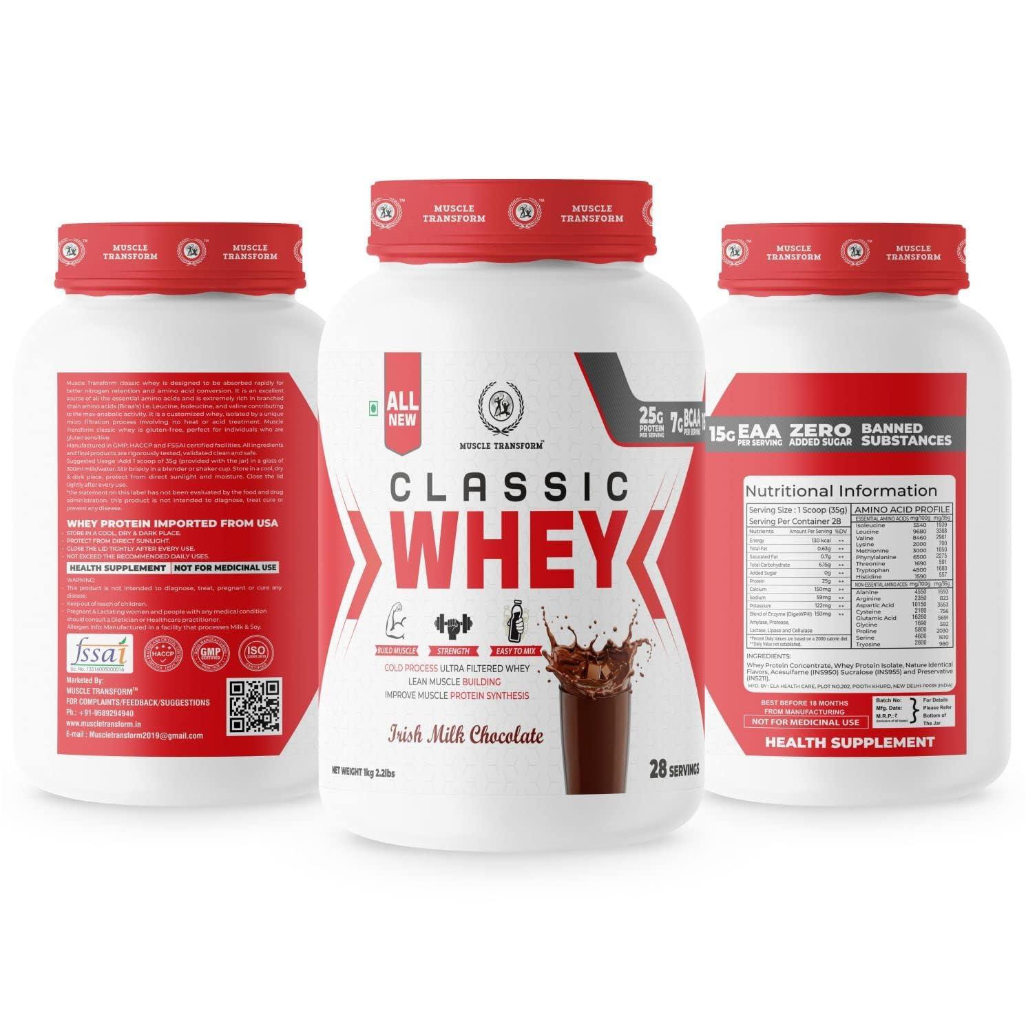 MUSCLE TRANSFORM MUSCLE TRANSFORM CLASSIC WHEY PROTEIN WITH 25GMS OF PROTEIN PER SERVING | MUSCLE GAIN | STRENGTH | MUSCLE RECOVERY (IRISH CHOCOLATE, 1KG)