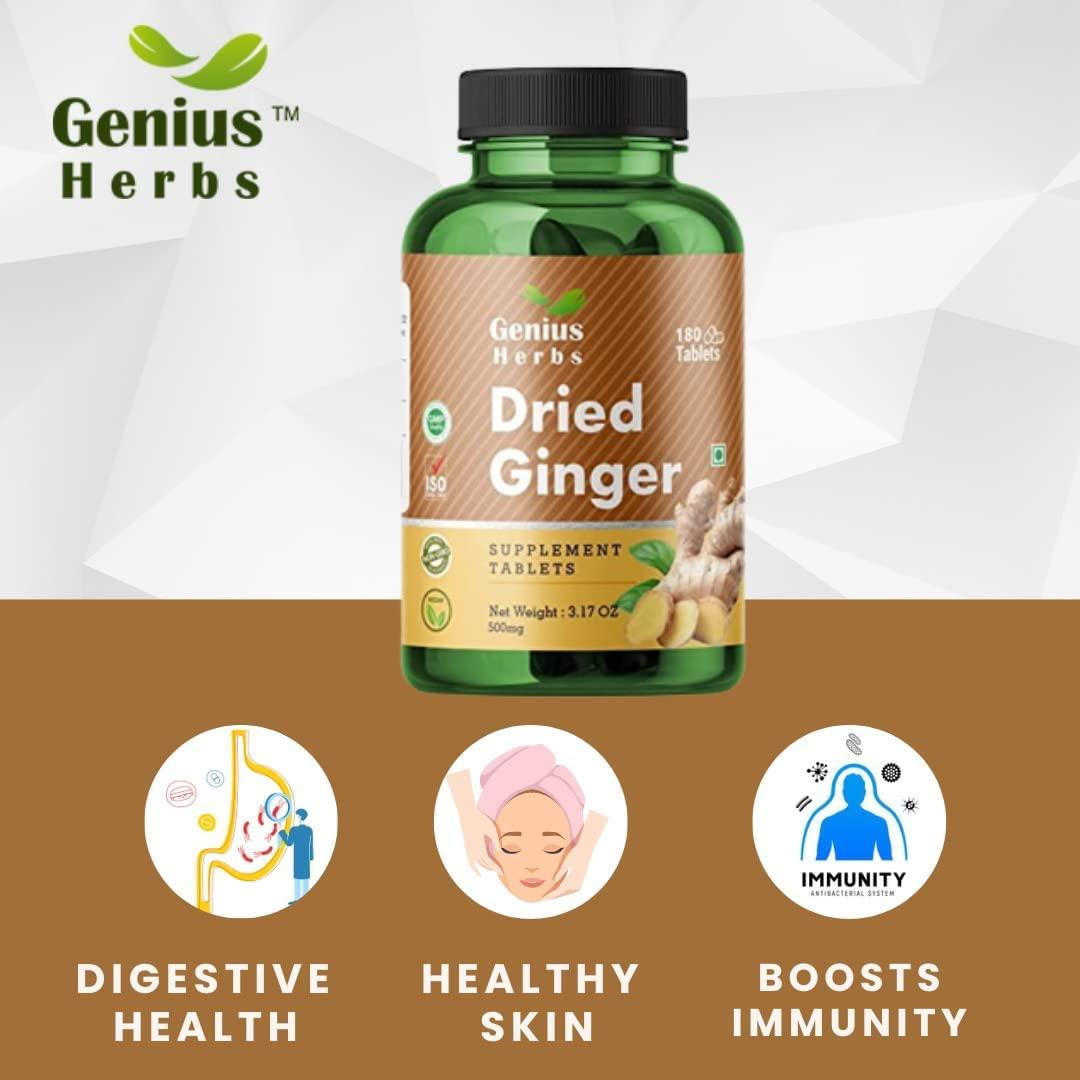 Genius Herbs Genius Herbs Dried Ginger Tablets 500mg (180 Tablets) Improves Digestion & Boosts Immunity Pack of 4
