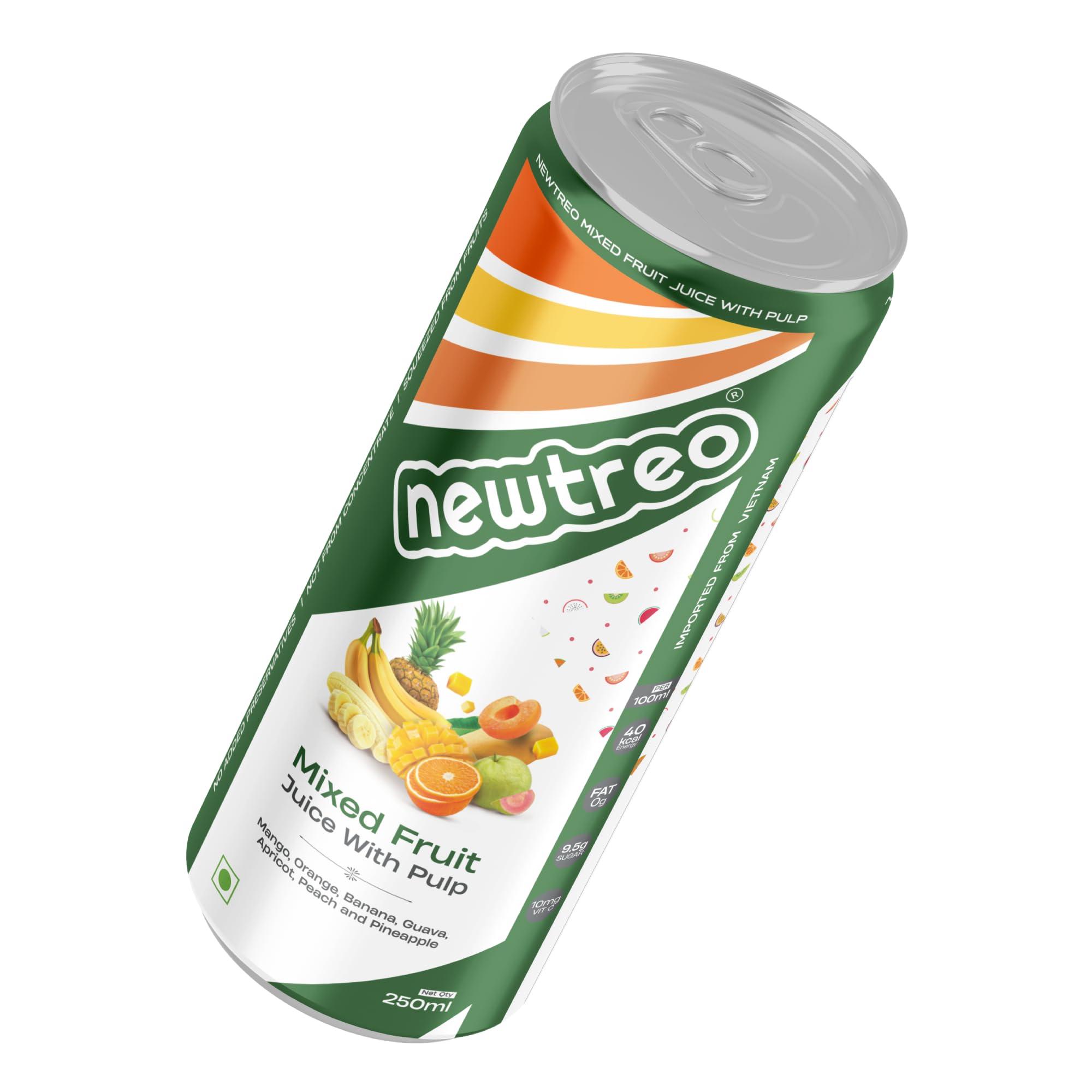 Newtreo Newtreo Mixed Fruit Juice With Pulp | Imported from Vietnam | Mango, Orange, Banana, Guava, Apricot, Peach & Pineapple Juice | 12 x 250ml cans | No Concentrates or preservatives added