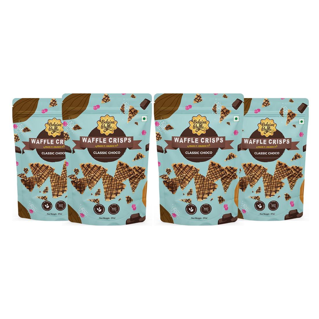 The Belgian Waffle Co The Belgian Waffle Co - Classic Choco Waffle Crisps, Thin, Crunchy, Eggless, Baked Not Fried, Healthy Snacks for Breakfast - 85 gm Each (Pack of 4)