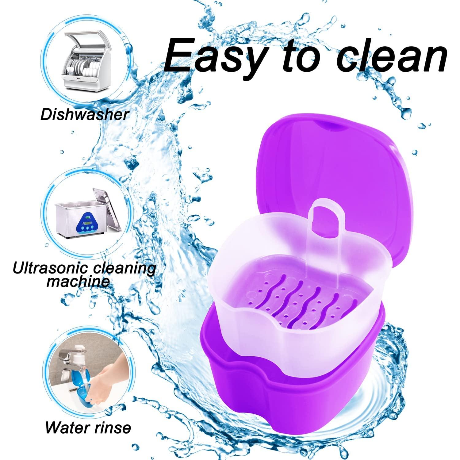 Keedolla 2 Pack Denture Case Dental Mouthguard Case, Denture Bath Box Cleaning with Brush, Strainer Basket and Lid Waterproof - Purple and Blue