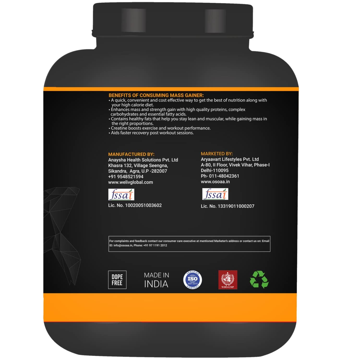 OSOAA OSOAA Lean Mass Gainer 3Kg |(Triple Chocolate) | With 3g Creatine & 21g Protein | 420 Calories & 21G Protein | Added Digestive Enzymes | 28 Added Vitamins