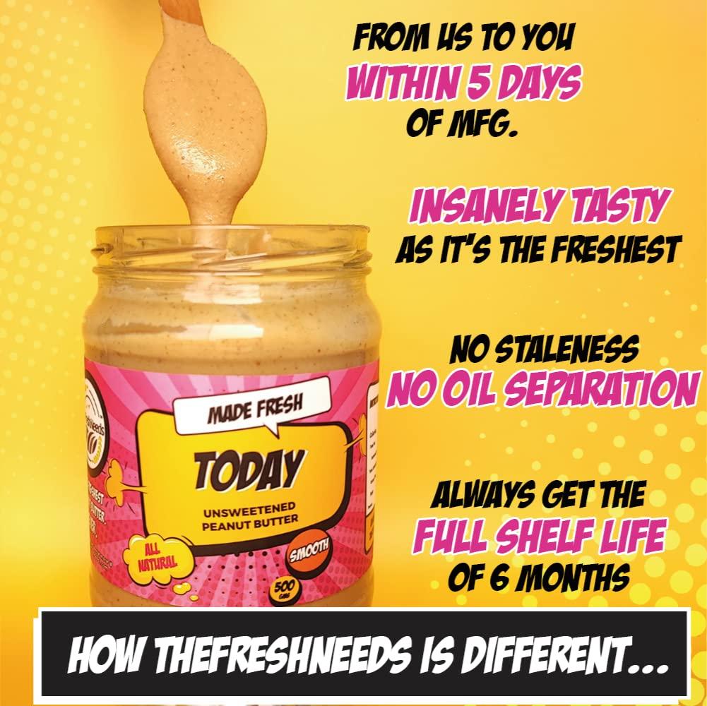 TheFreshNeeds TheFreshNeeds Natural Peanut Butter (Unsweetened Smooth) | Made Fresh on Order | 1kg | High Protein | Insanely Tasty & Healthy | 100% Peanuts | Sugar-free | 500gm x 2