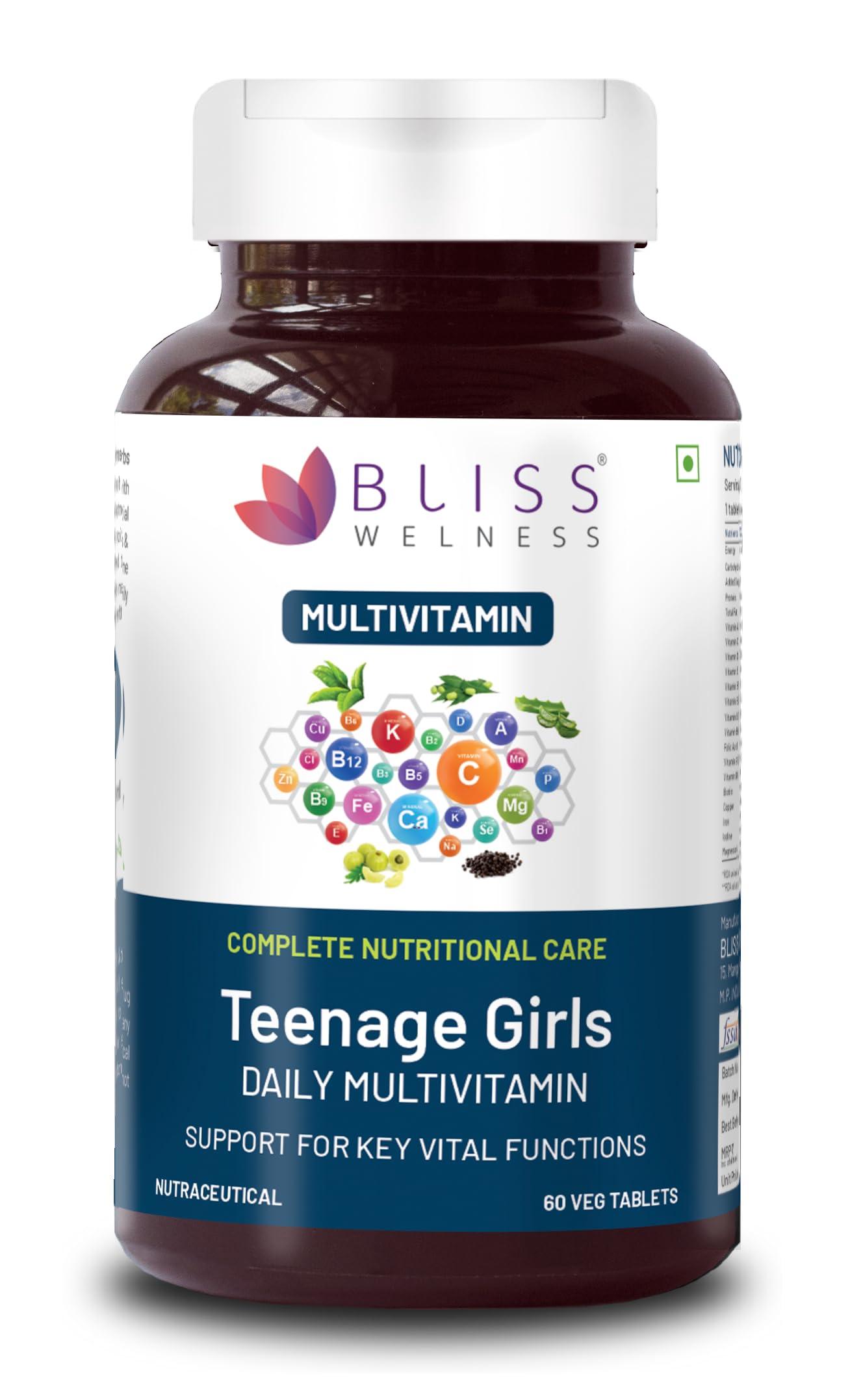 Bliss Welness Bliss Welness Teenage Girl Multivitamin With Vitamin and Minerals, Calcium Magnesium Zinc, Aloe Vera Extract, Bamboo and Grapeseed Extract For Immunity, Hair Skin Nails, Bone & Joint Health, - 60 Tablets