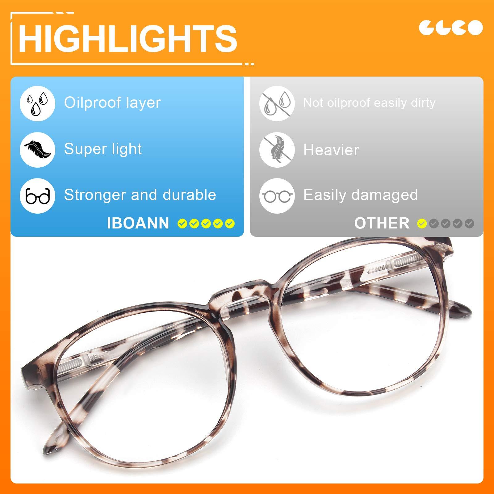 IBOANN IBOANN 4 Pack Blue Light Blocking Glasses Women Men, Fashion Computer Gaming Eyeglasses, Anti UV Bluelight Round Frames (Light Black + Leopard + Transparent + Pink)