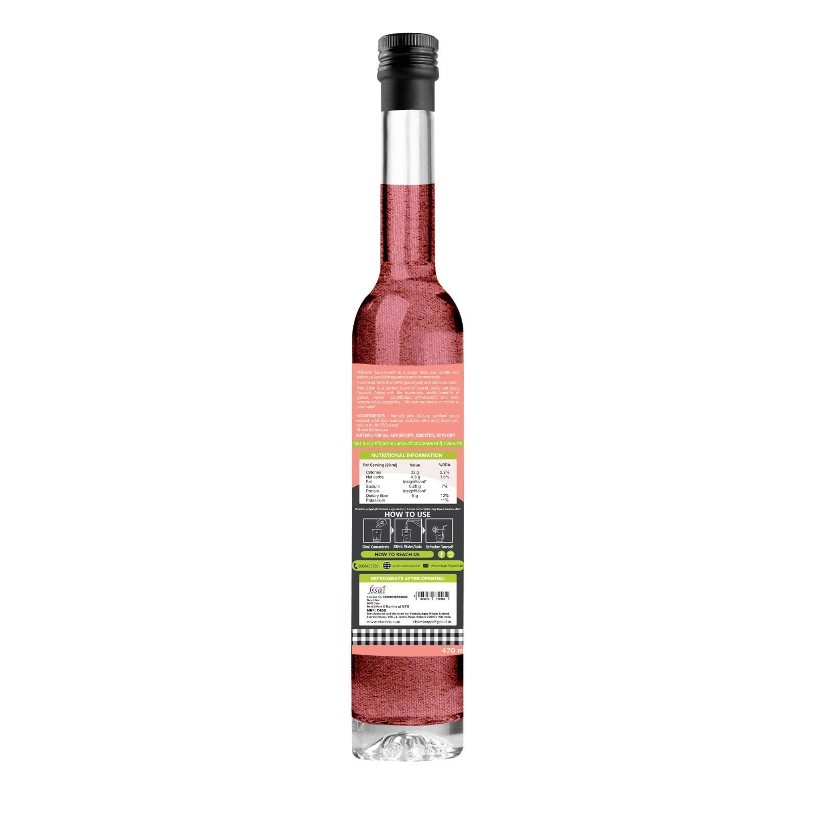 VISTEVIA VIStevia Gua-Waah! Sugar-free Guava Punch Syrup, Diabetic And Keto Friendly - Sweetened Naturally With Stevia, Made With Real Pink Guava Pulp Not Flavour And Colour - Pack Of 1 (470ML) Serves 25-30 Glasses