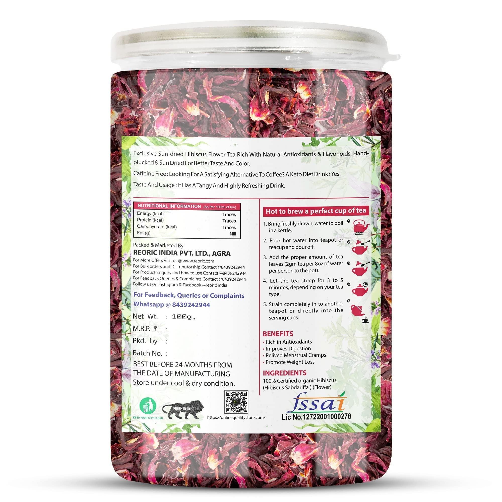 REORIC REORIC Organic Hibiscus Flower Tea- 100g | Premium Hibiscus Tea Leaves | 100% Natural Hibiscus Flower Herbal Tea Whole Leaf | Hibiscus Loose Tea | Use for Iced Tea | Improve Digestion