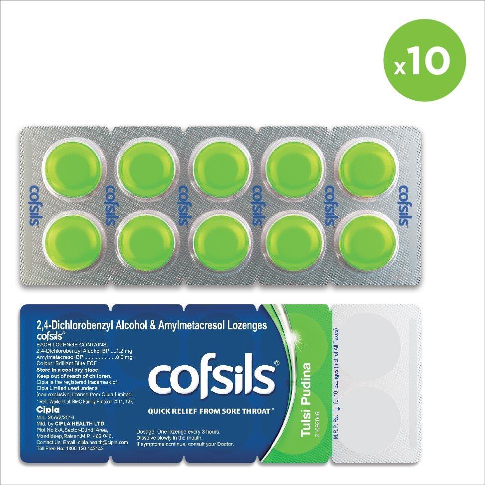 Cipla Cipla Cofsils Lozenges (100 Count) | Pudina Flavour | Quick Relief from Sore Throat, Itchy Throat and Scratchy Throat (10 x 10 Strips)