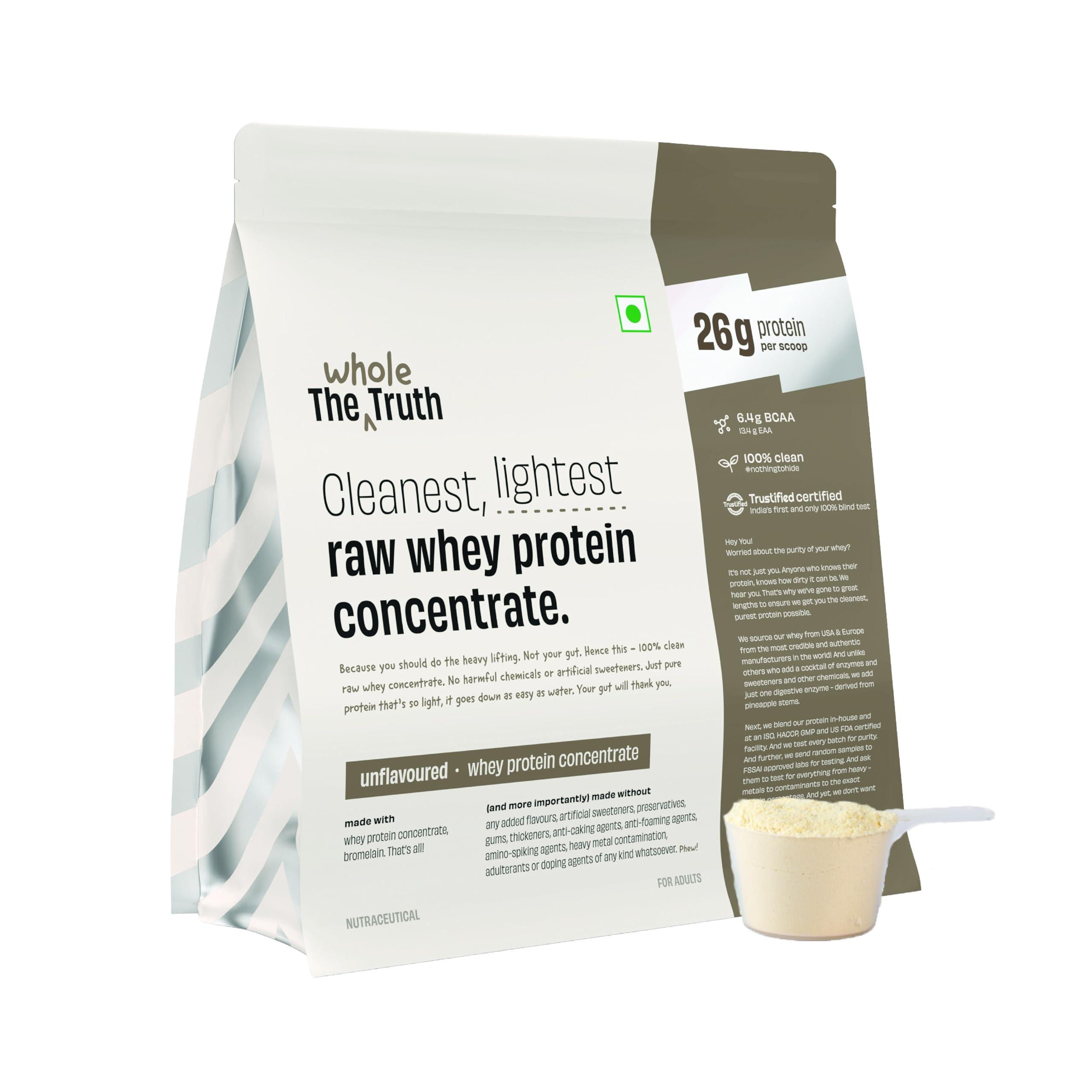 The Whole Truth The Whole Truth Whey Protein Concentrate Unflavoured |1 kg (2.2 lbs) | 26g Protein per scoop | 6.4g BCAA | 100% Authentic Whey & No Adulteration | Clean and Light | Muscle Building | Vegetarian