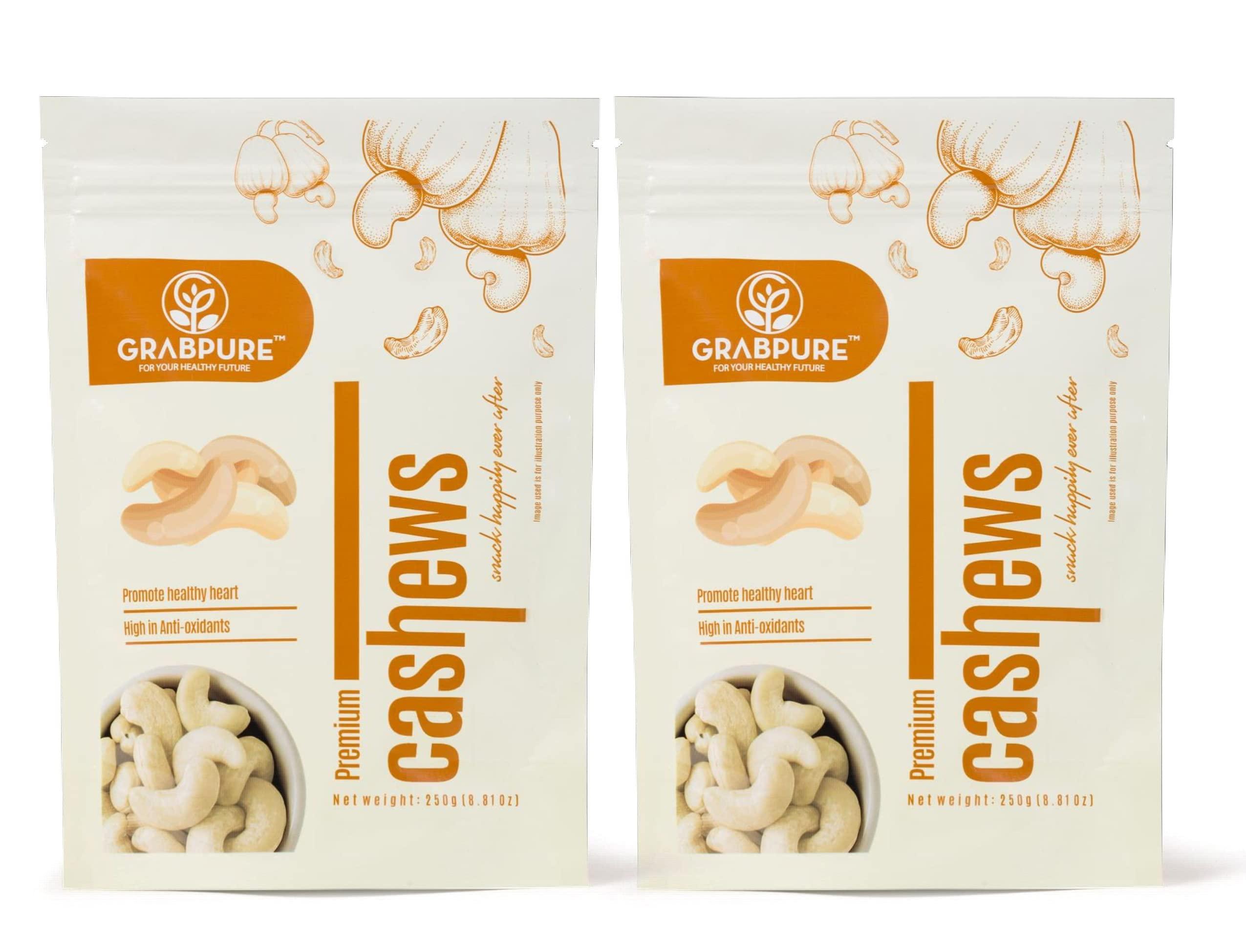 GRABPURE GRABPURE 100% Pure Whole Cashew Nuts W280 Quality | Kaju | Cashews Dry Fruits- 250 Grams each (Pack of 2)
