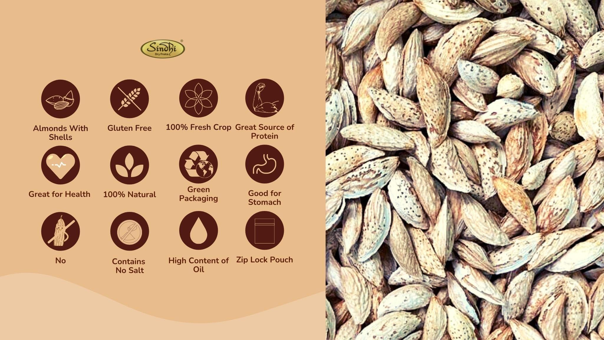 Sindhi Sindhi Dry Fruits Kagazi Badam, Almonds with Shells, Contains Kagazi Giri, Sitarbai Badam, Premium Afghan Inshell Almonds, Natural Soft Shell Almonds, 500 Grams