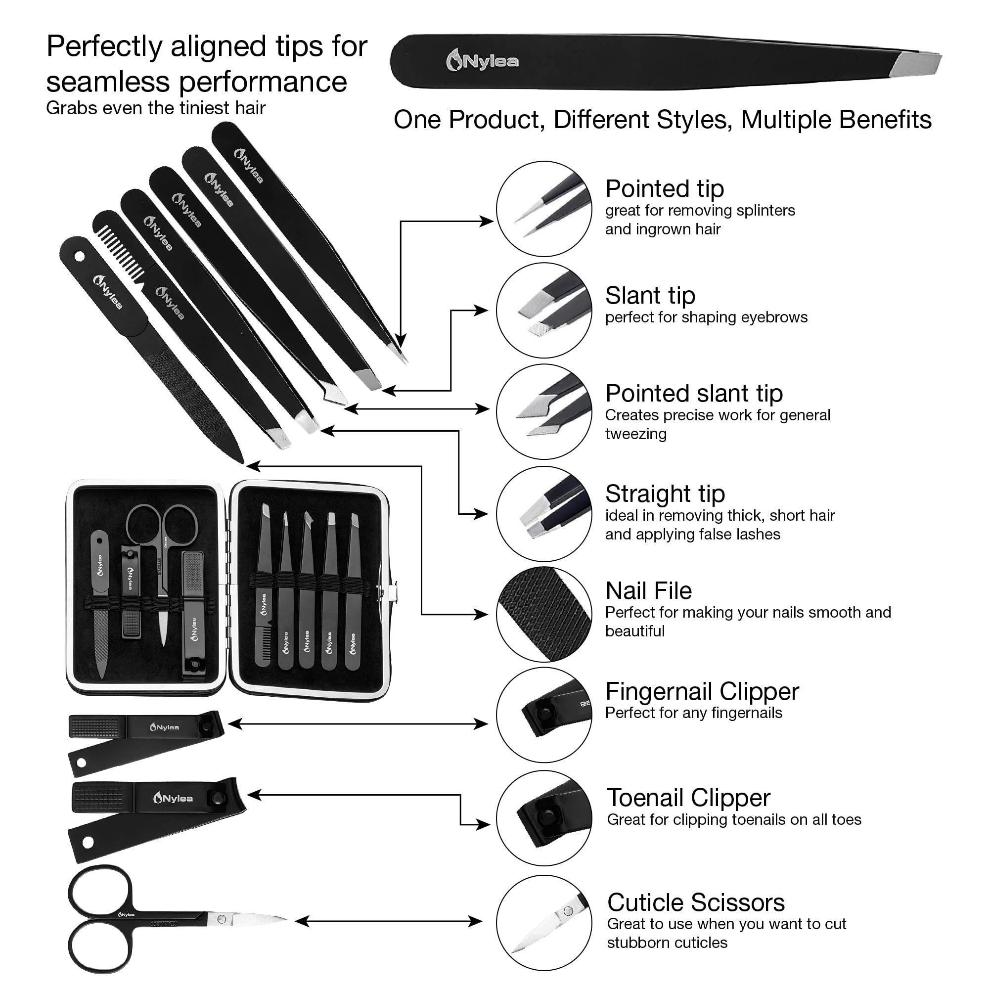 Nylea Nylea 9pcs Precision Tweezers & Nail Clippers Set [Stainless Steel] Pedicure Scissors, Toenails Cuticle Cutter Clipper Fingernails Grooming Kit for Men & Women Eyebrows Facial Hair [Free Leather Case]