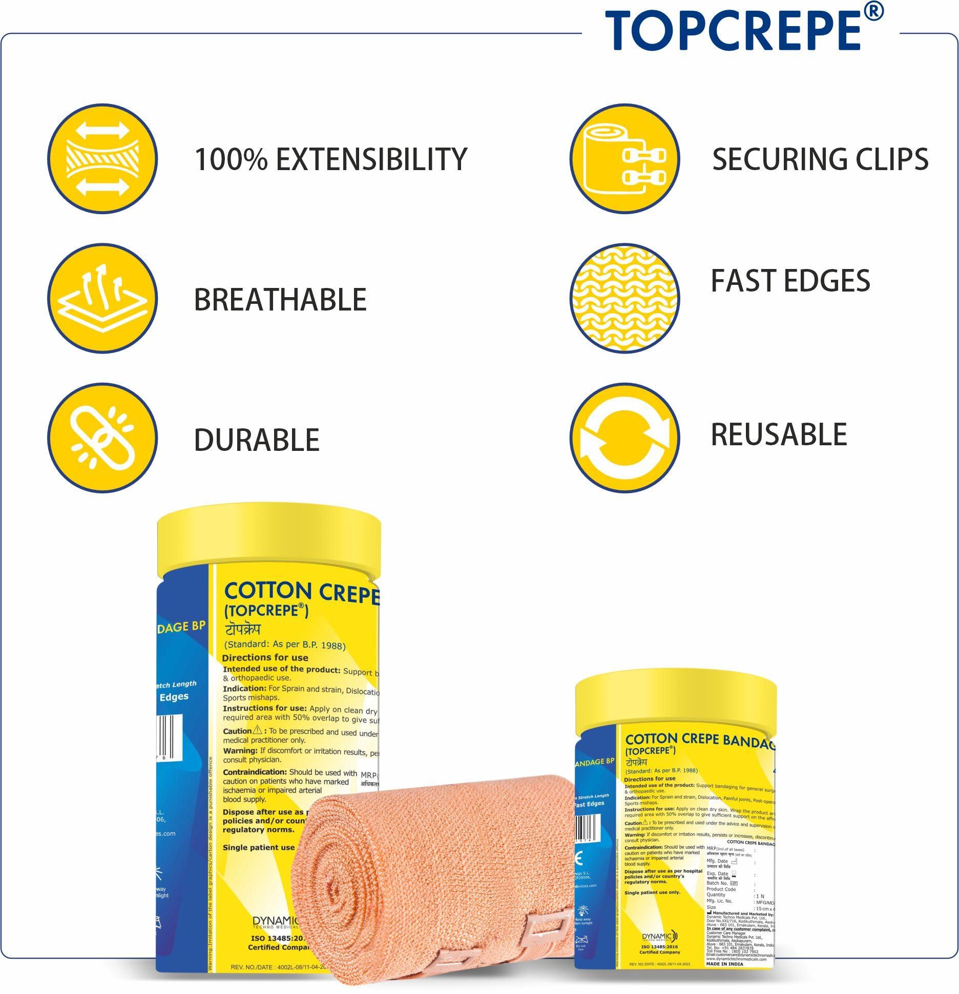 TopCrepe TopCrepe Cotton Crepe Bandage (Width 15 cm x 4 m Stretch Length) | Pain Relief for Sprains and Strains in Joints and Muscles | Pack of 2
