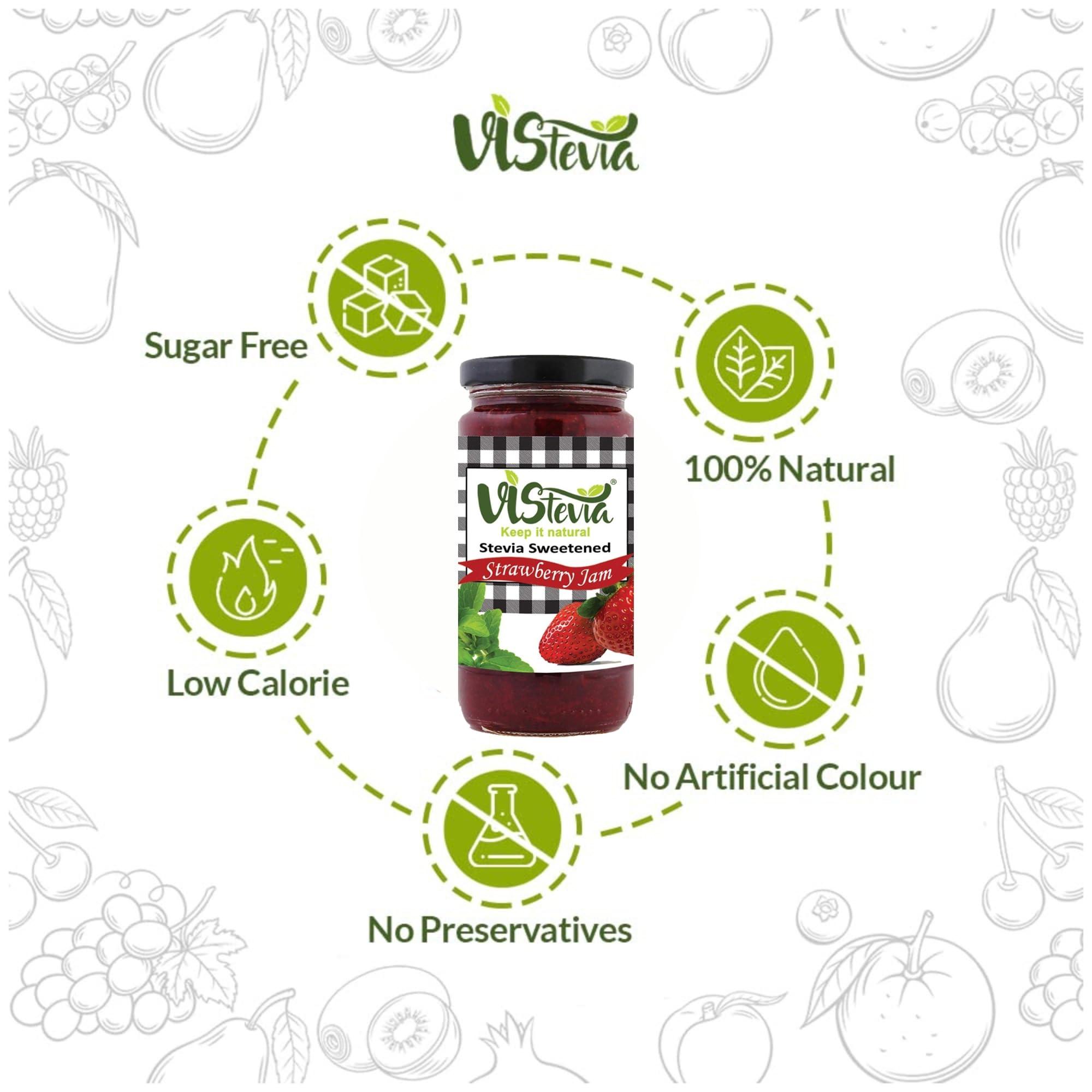 VISTEVIA Vistevia Sugar Free Mixed Fruit Jam & Strawberry Jam, Diabetic and Keto Friendly - Sweetened Naturally with Stevia, More Than 60% Fruit Content - Tastes Delicious - Pack of 2 (400 * 2 GM)