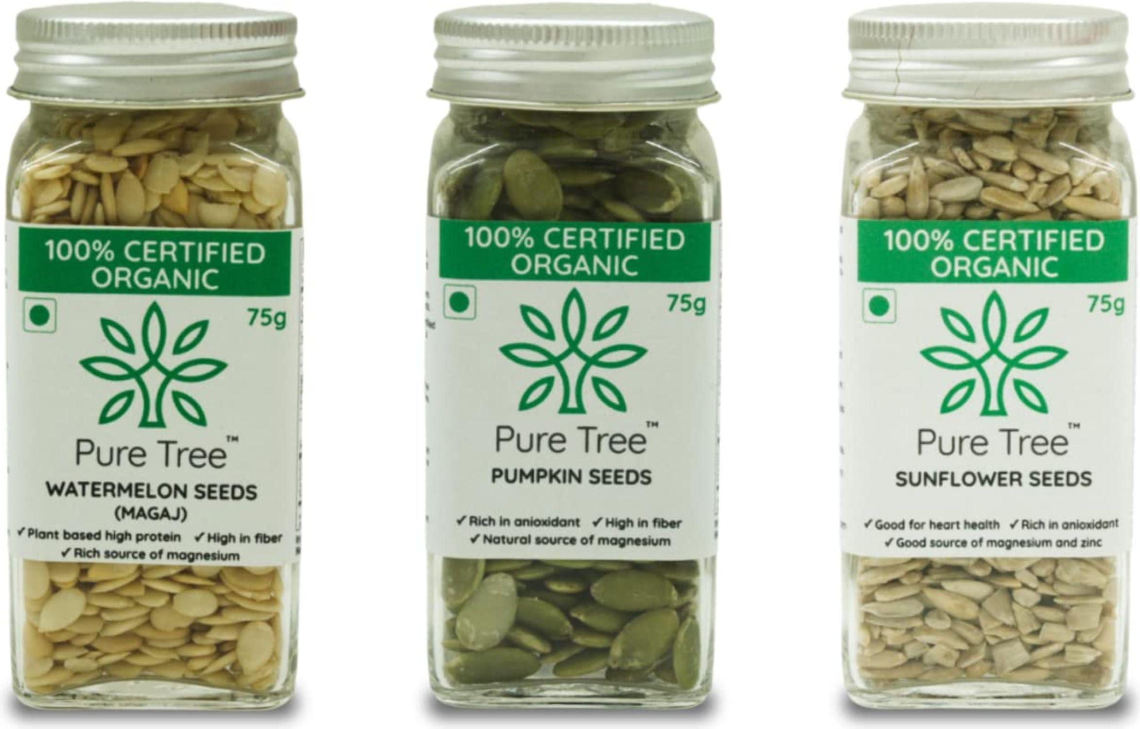 Pure Tree Pure Tree Certified Organic Pumpkin Seeds, Sunflower Seeds, Watermelon Seeds | 75 g Each | Glass Jar | Surajmukhi ke beej, Magaj Seeds, Kaddu Ke Beej, Mix Seeds For Eating | Raw Healthy Seeds Combo Pack