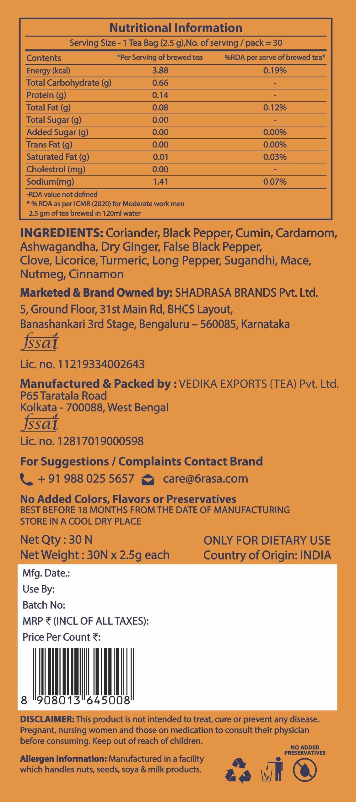 6rasa 6rasa Kashaya-Herbal Tea|15 Ayurvedic Spices|Kadha Mix|Caffeine Free|100% Natural Kashaya-The Original Tea Bags|No Added Sugar (2.5 Gram Each) (Pack Of 2, 30 Dip Bags)