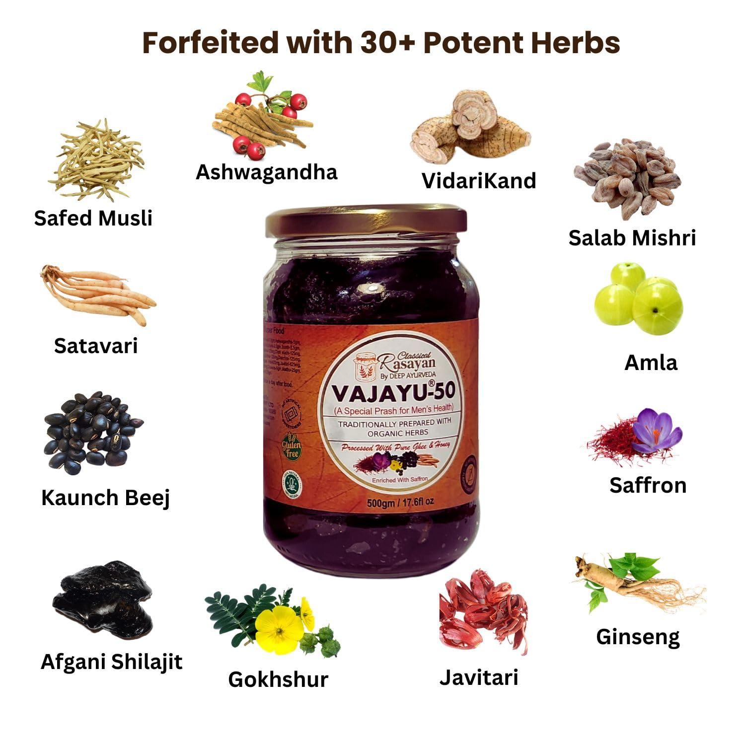 Deep Ayurveda Deep Ayurveda Vajayu 50 Prash | Ayurvedic Superfood with 30+ Herbs for Mens Wellness | Boosts Testostrone Level, Energy, Strength, Stamina & Vitality | 500g Pack