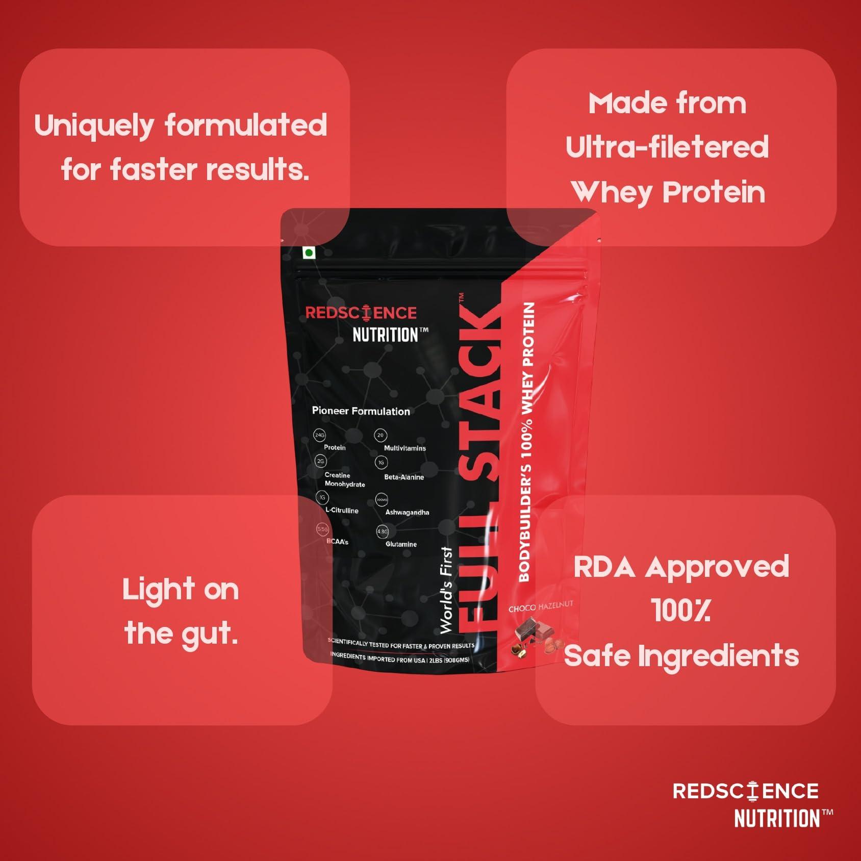 Redscience Nutrition Redscience Nutrition FULL STACK 100% On Whey Protein (With Creatine, Citrulline, Beta-Alanine, Ashwagandha, BCAA, Glutamine & Multivitamins) (Choco Hazelnut)