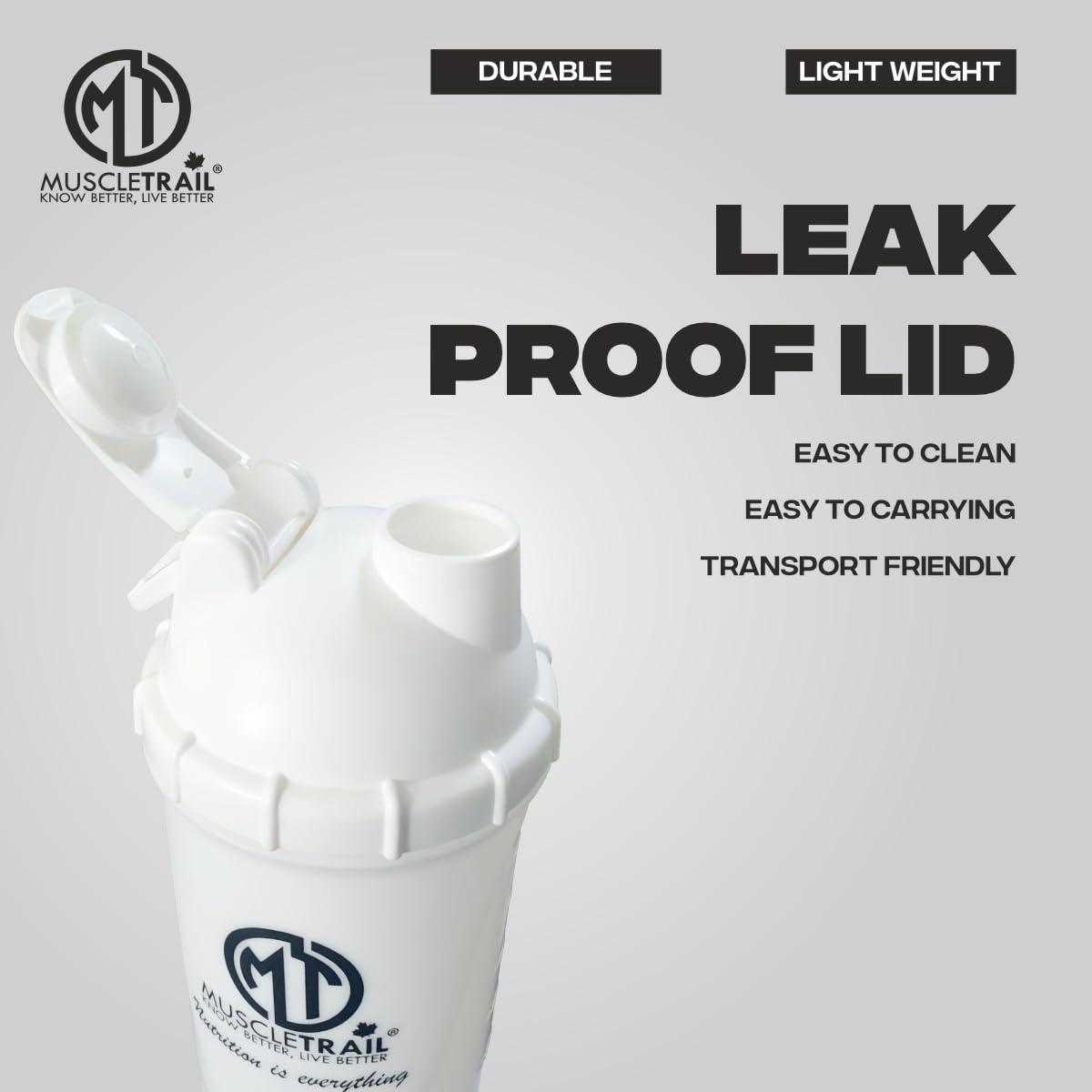 MUSCLETRAIL MUSCLETRAIL Muscle Trail Gym Shaker Bottle - 600ml Leakproof Protein Shaker/Sipper for whey Protein, Pre-Workout, BCAA & Water - BPA Free Plastic, Pack of 1 (White)