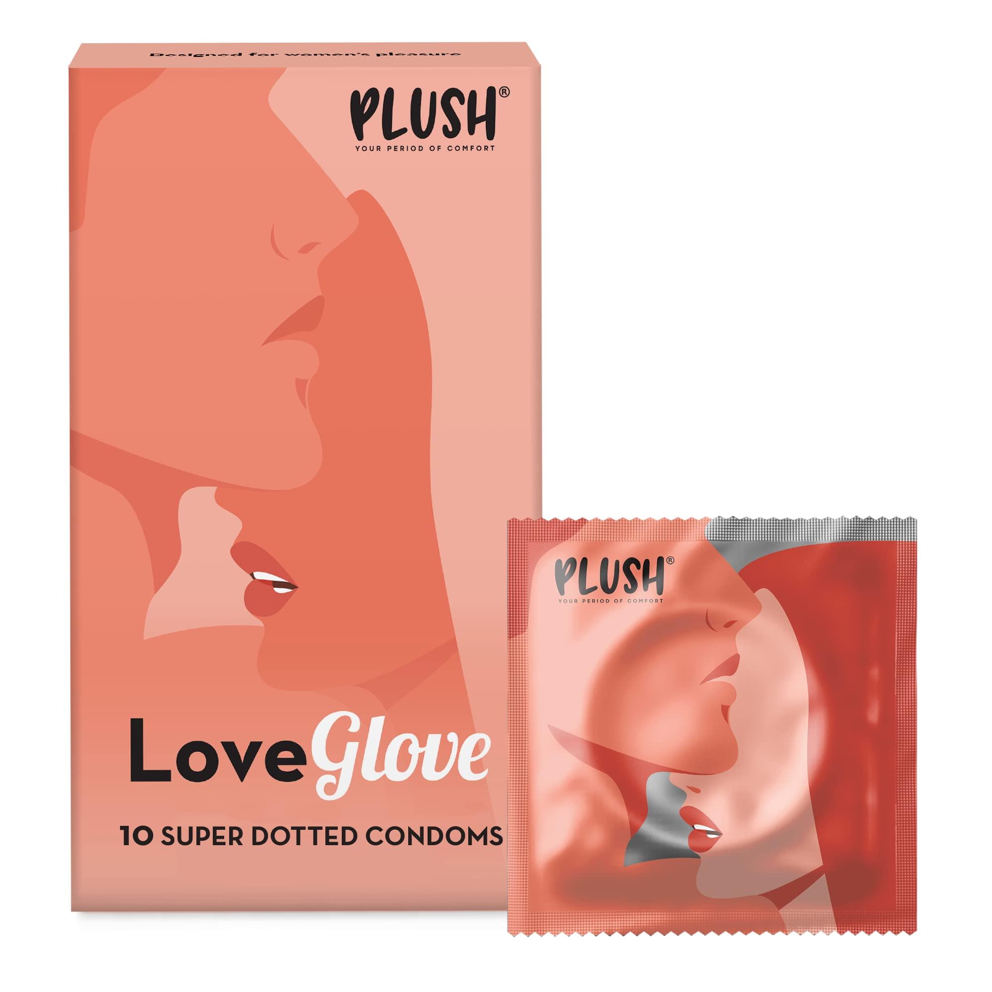 PLUSH Plush Dotted Condoms(10 count) & Play Intimate Wipes For Women & Men (Pack of 10) Combo