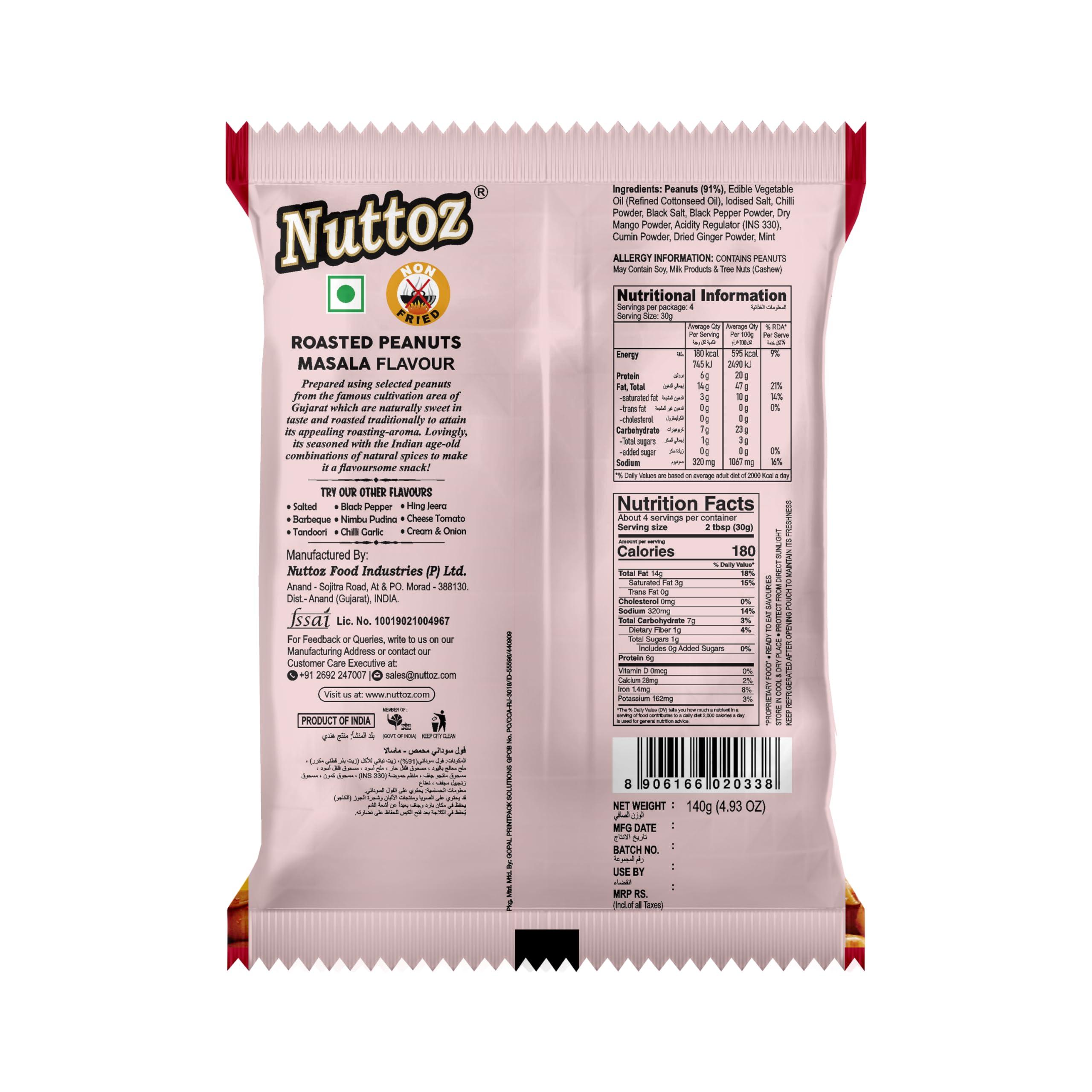 Nuttoz Nuttoz Masala Peanuts Roasted - Spicy Roasted Peanuts (Mungfali) - NonFried Healthy Ready to eat Snacks & Namkeen (pack of 2 x 140 Gm)