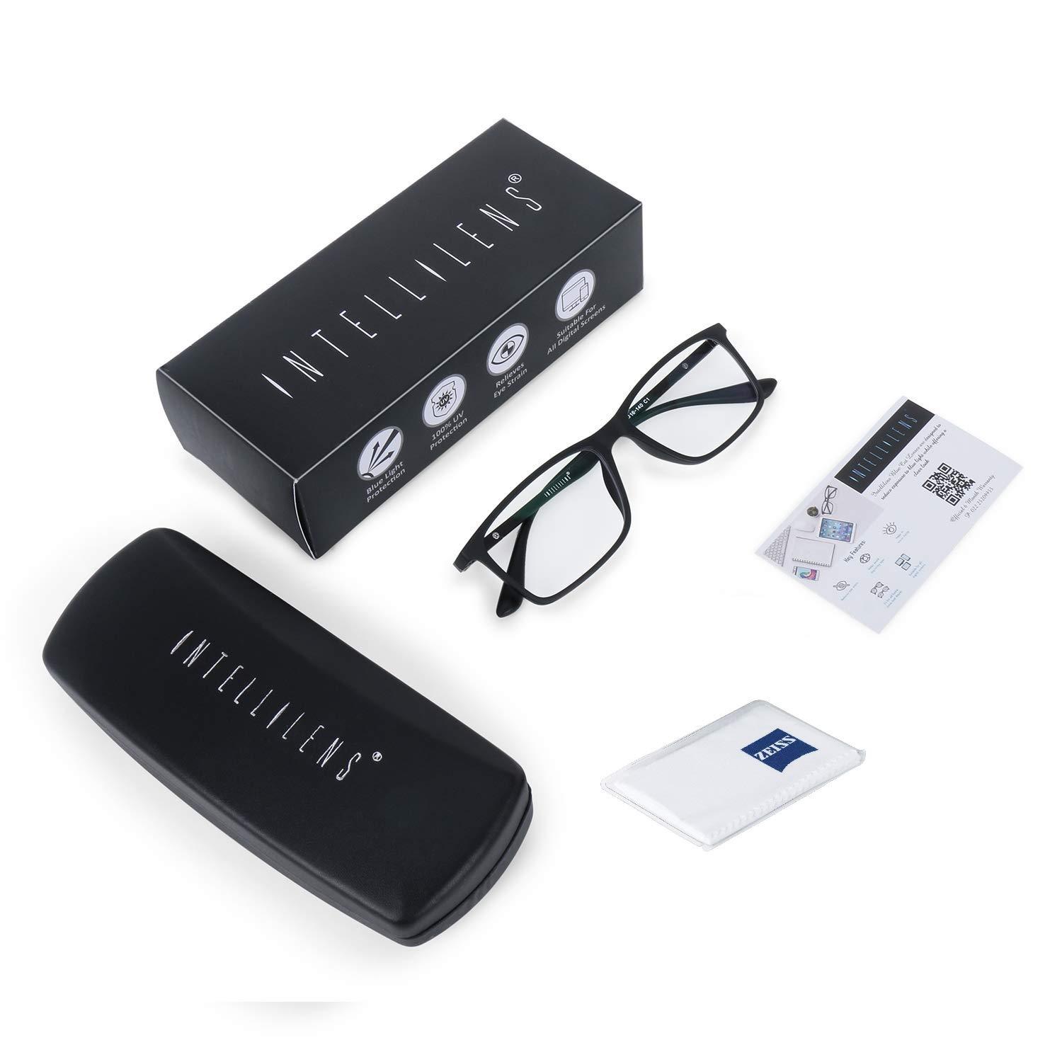 Intellilens Intellilens Zeiss Zero Power Blue Cut Computer Glasses | Anti Glare, Lightweight & Blocks Harmful Rays | UV Protection Specs | For Men & Women | Black | Square | Medium