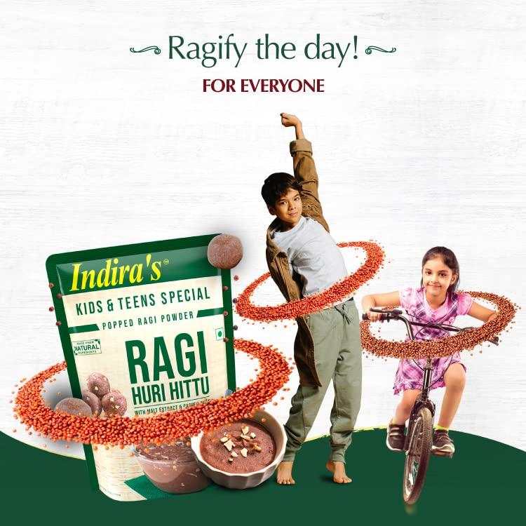 INDIRA Indira’s Ragi Huri Hittu - Teens & Kids Special, Popped Ragi Flour with Cashew Nuts, Malt, Spices (400g, Pack of 4), Ragi Malt Mix, Instant Ragi Porridge Mix, Ragi Laddu Mix