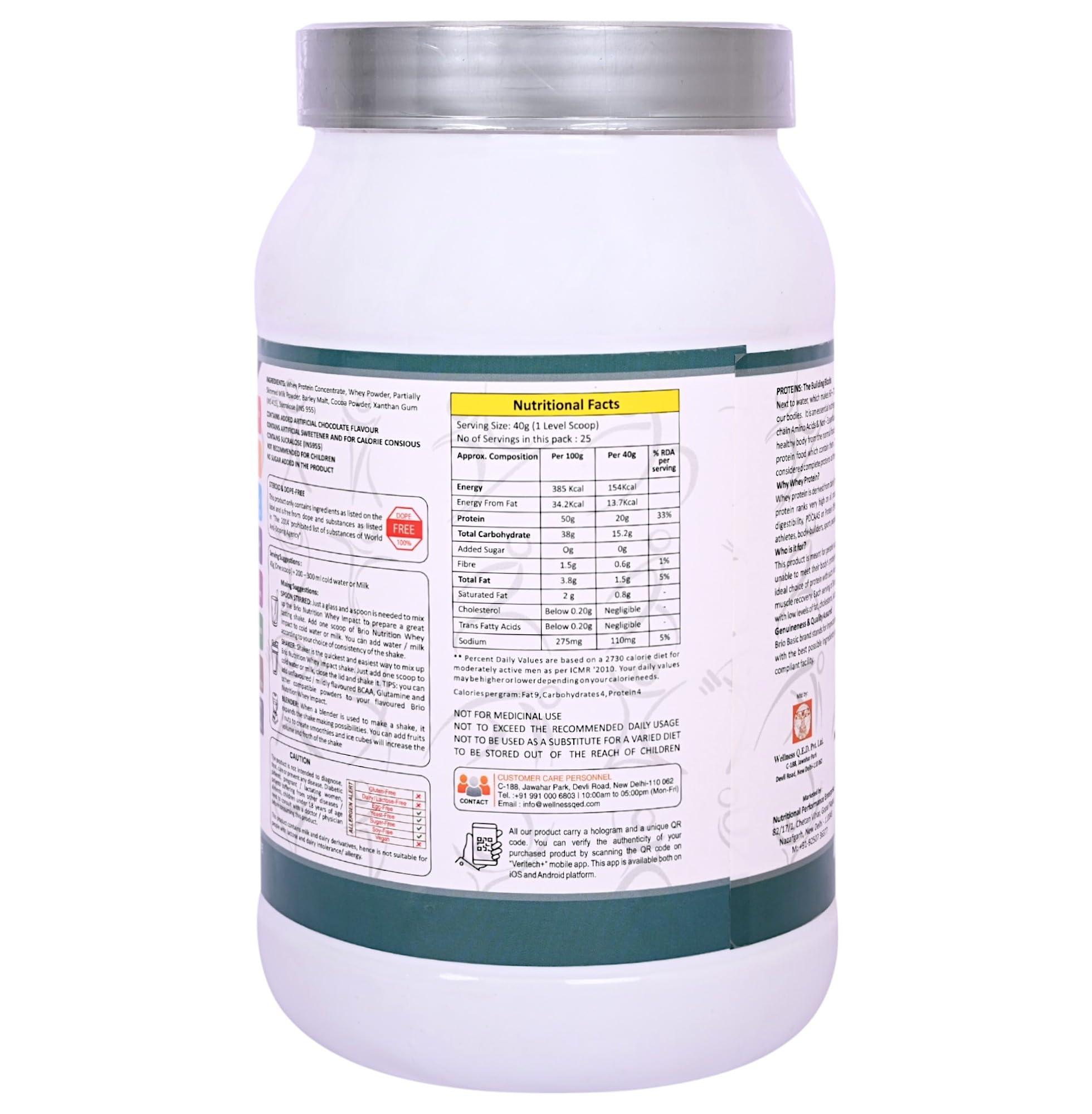 BRIO NUTRITION BRIO NUTRITION - Whey Impact Protein Powder - 20g Protein, 8.6g EAA, 4.1g BCAA, 3.1g Glutamine - Per 40g Serving [1kg jar - Rich Chocolate Flavour]