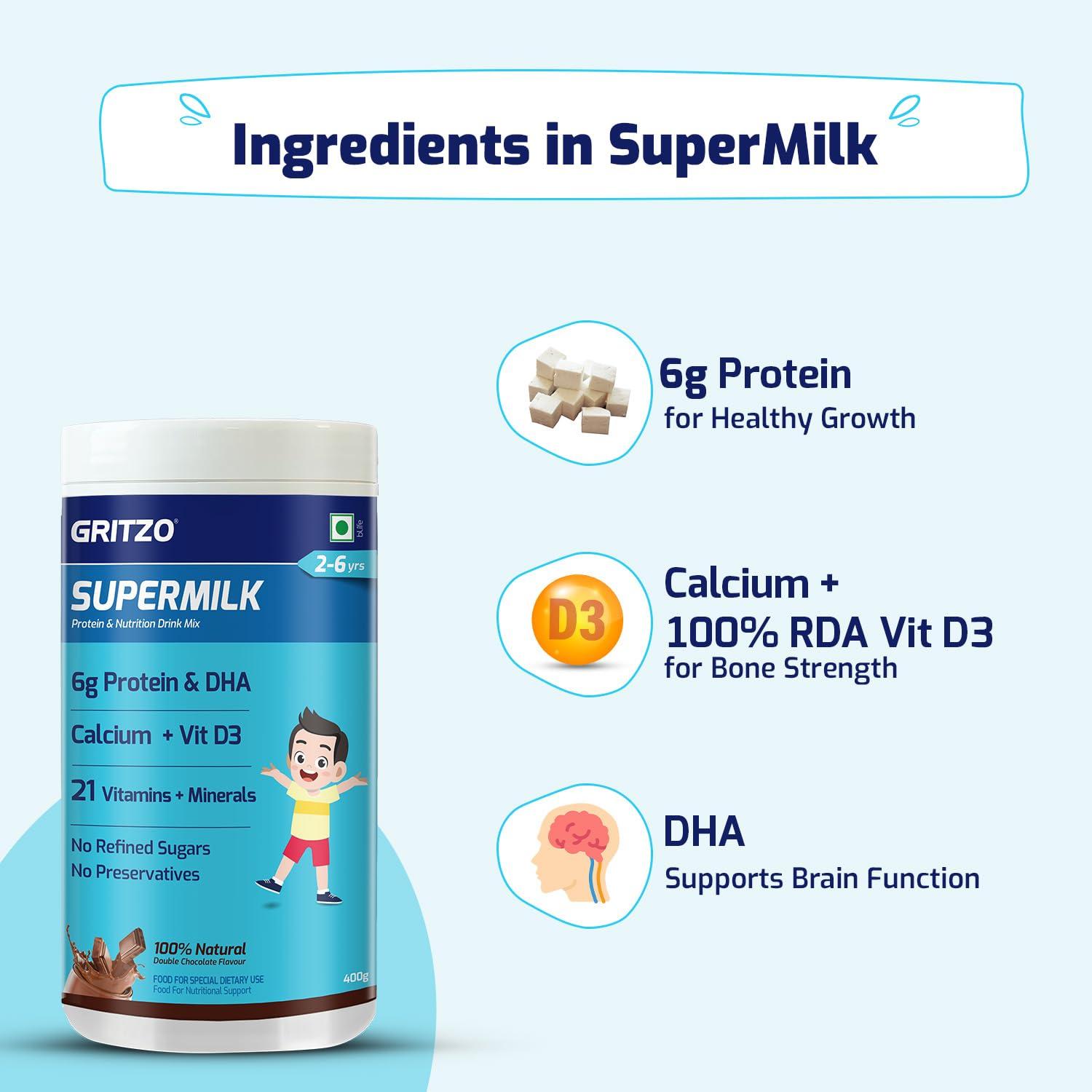 Gritzo Gritzo SuperMilk Overall Growth (2-6y), 6g Protein Powder (Double Chocolate, 400g) | Zero Refined Sugar, 21 Vitamins & Minerals
