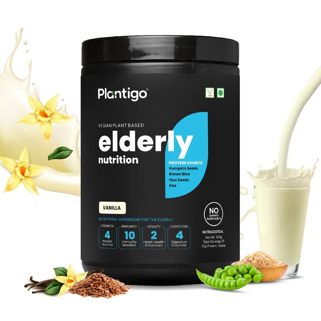 PLANTIGO Plantigo Superior 51+ Plant Protein Powder for Senior Adults | Elders, Old Men & Women | No Sugar, 14 Calories | Pea Protein, Oats | Heart Health & Muscle Recovery, Vegan Protein (Vanilla - 500g)
