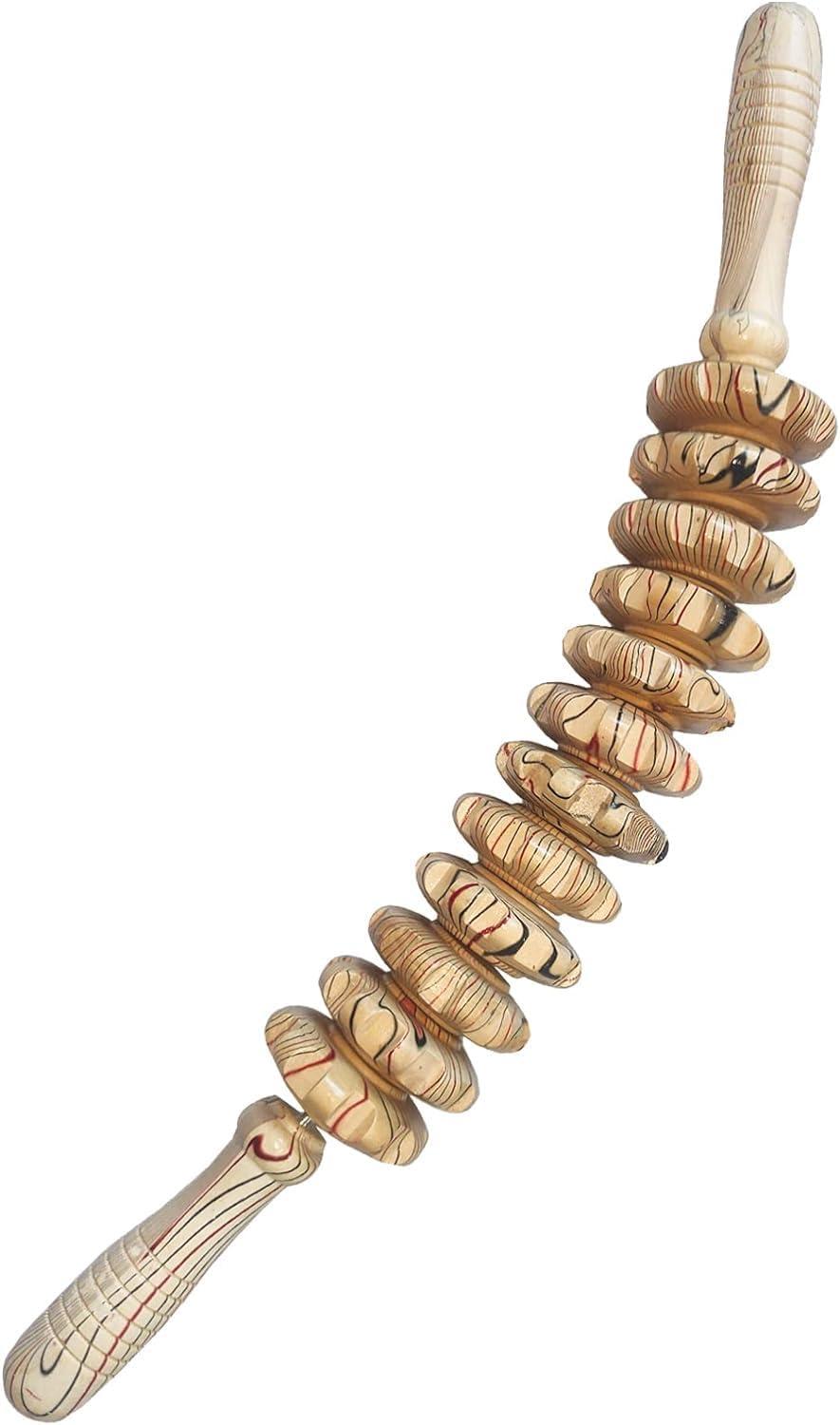HEVASNEK HEVASNEK 12 wheel Wood Therapy Roller Stick Massage Tool, Curved Design Full Body Pain Relief Handheld Back Massage Muscle Roller Stick Trigger Points, Sculpt and Detoxify [45x6x6 CM ]