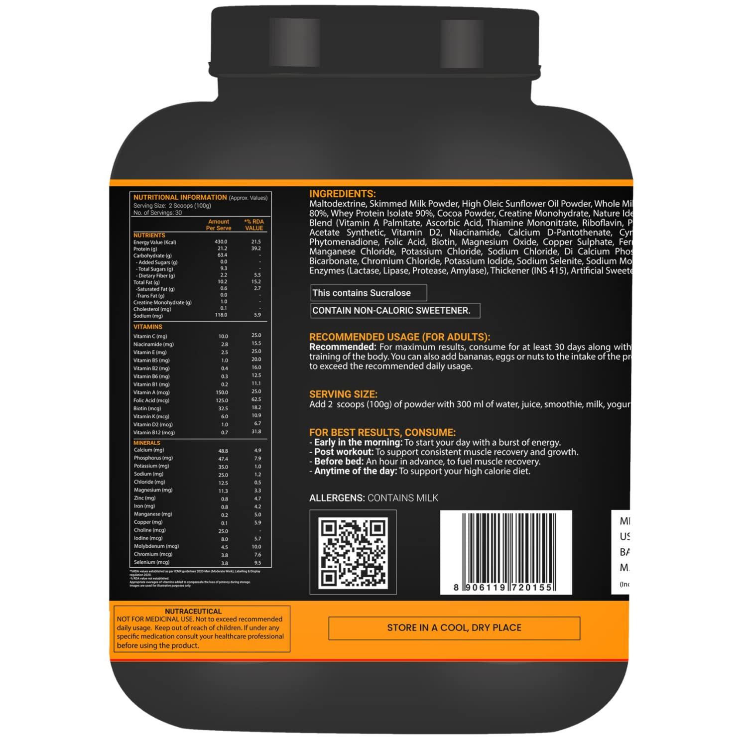 OSOAA OSOAA Lean Mass Gainer 3Kg |(Triple Chocolate) | With 3g Creatine & 21g Protein | 420 Calories & 21G Protein | Added Digestive Enzymes | 28 Added Vitamins