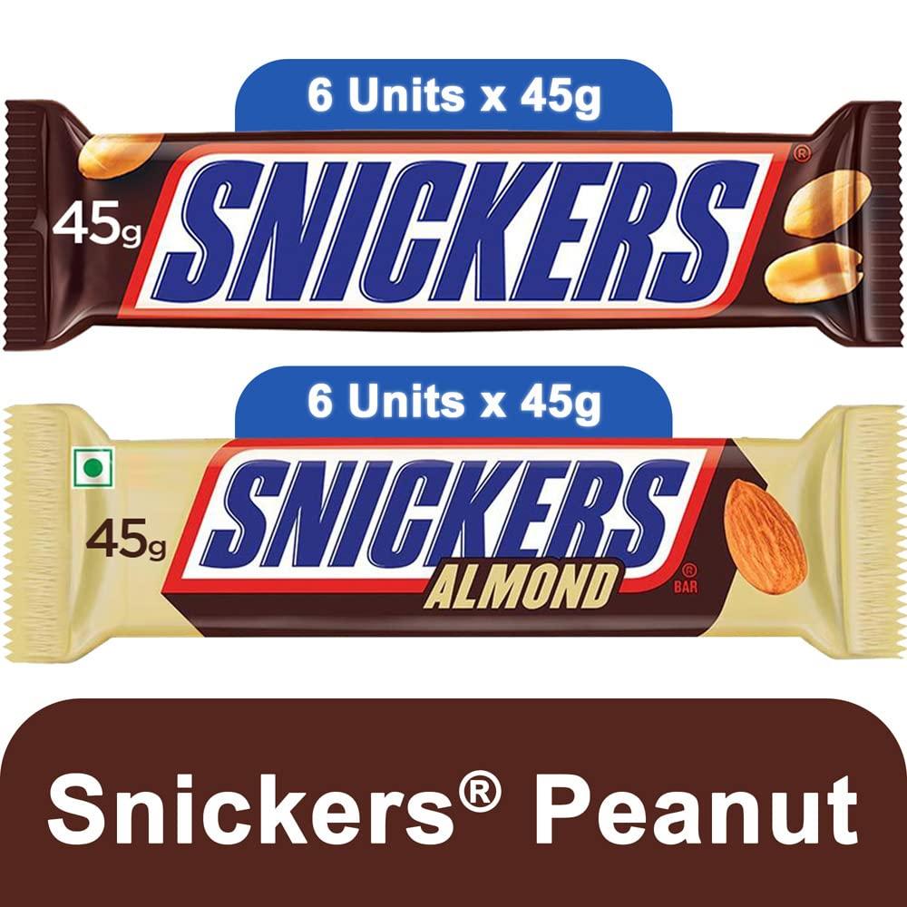 Snickers Snickers Peanut Filled & Almond Filled Chocolate Bars, Contains Soft Nougat & Caramel Chocolates, 45 G (Pack of 12), 576 Gram