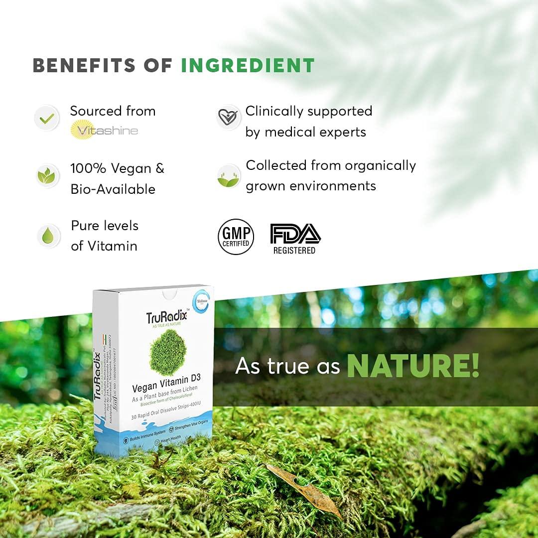 TruRadix ; AS TRUE AS NATURE TruRadix Nutrition Vitamin D3 Dissolving Strips 90 Count ( Pack of 3) 400IU Oral Vitamin Supplement Strips Naturally Plant-Based D3 Vitamin Formula Vegan Immune Support Supplement Fast Absorption