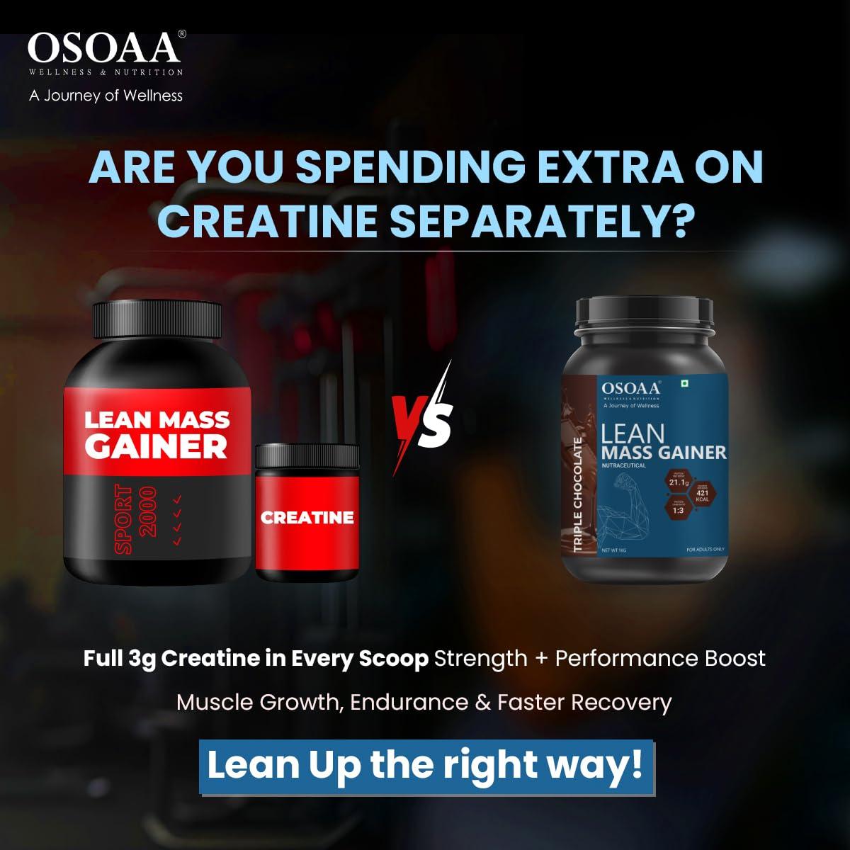 OSOAA OSOAA Lean Mass Gainer 3Kg |(Triple Chocolate) | With 3g Creatine & 21g Protein | 420 Calories & 21G Protein | Added Digestive Enzymes | 28 Added Vitamins
