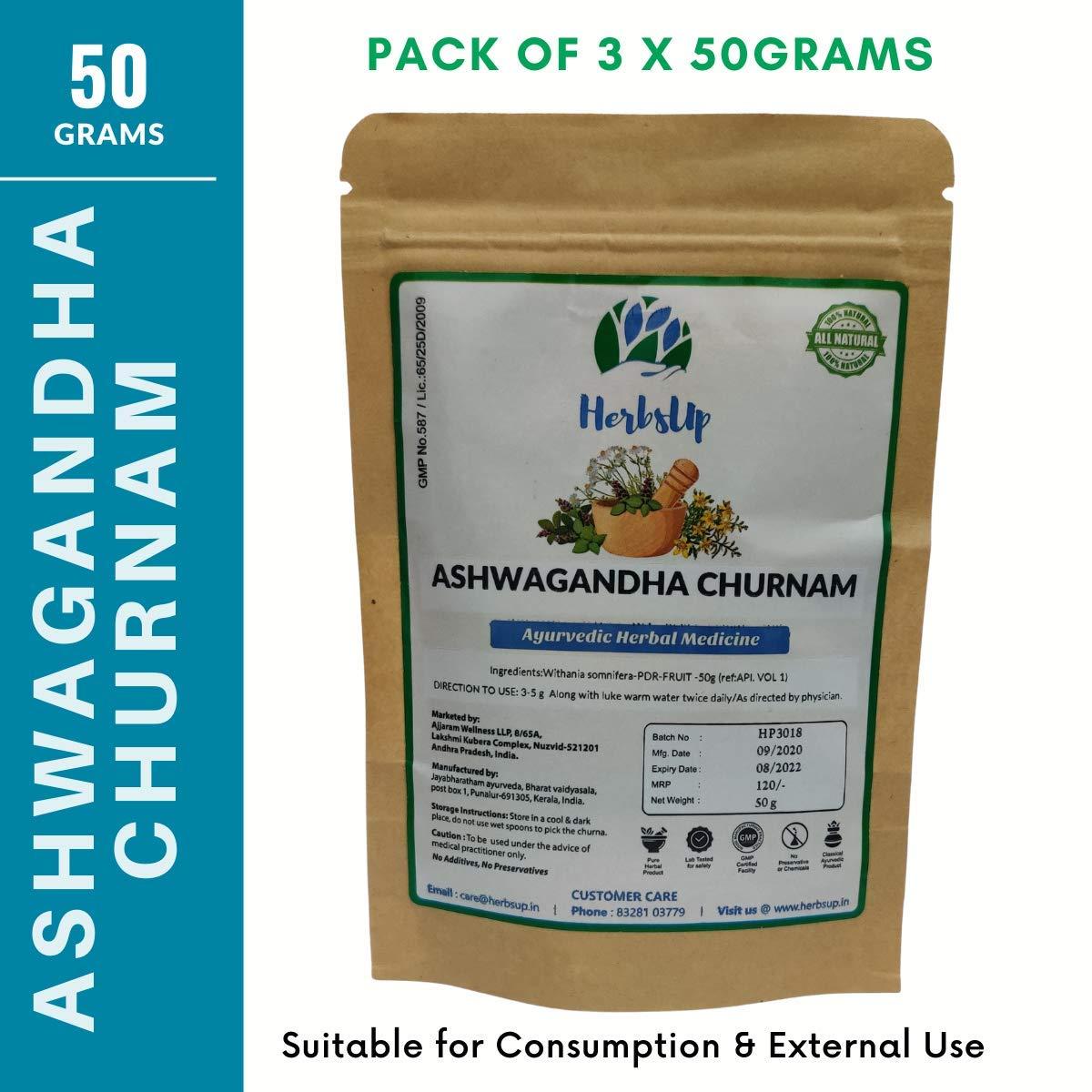 HerbsUp HerbsUp Ashwagandha Churna(3 X 50 Grams Powder) - Pure without any additives | Made in GMP Certified Facilities | Classical Ayurvedic Product