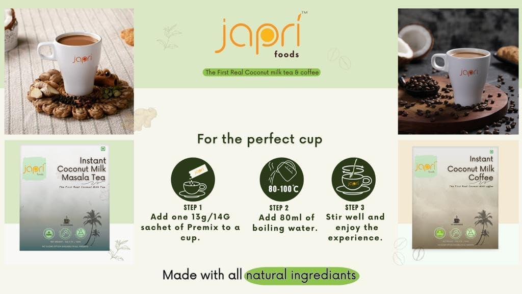 Japri Japri instant coconut milk no added sugar coffee premix | Japri Foods | Plant based coffee | Diabetic friendly | Lactose free | Non-dairy coffee | Vegan coffee premix 10g x 10 sachets (100g) | pack of 1