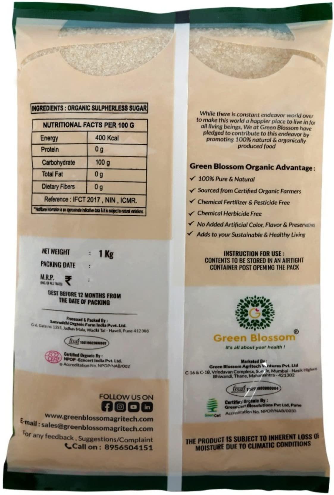 GREEN BLOSSOM Green Blossom Organic White Sugar - 1Kg (Pack of 1) || Organic Sugar || Organically Processed || Sugarcane Sugar || Sulphurless Sugar II 100% Vegan