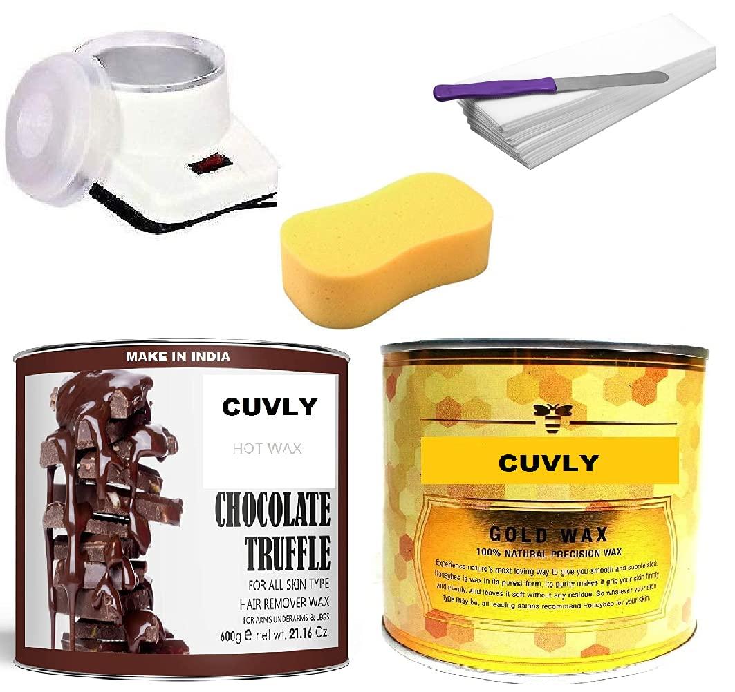 CUVLY CUVLY® Waxing Kit Combo (Wax Heater + Chocolate Wax (600 gm) + Gold Wax (600 gm) + Wax Strips (70) + Wax Spatula + Sponge)