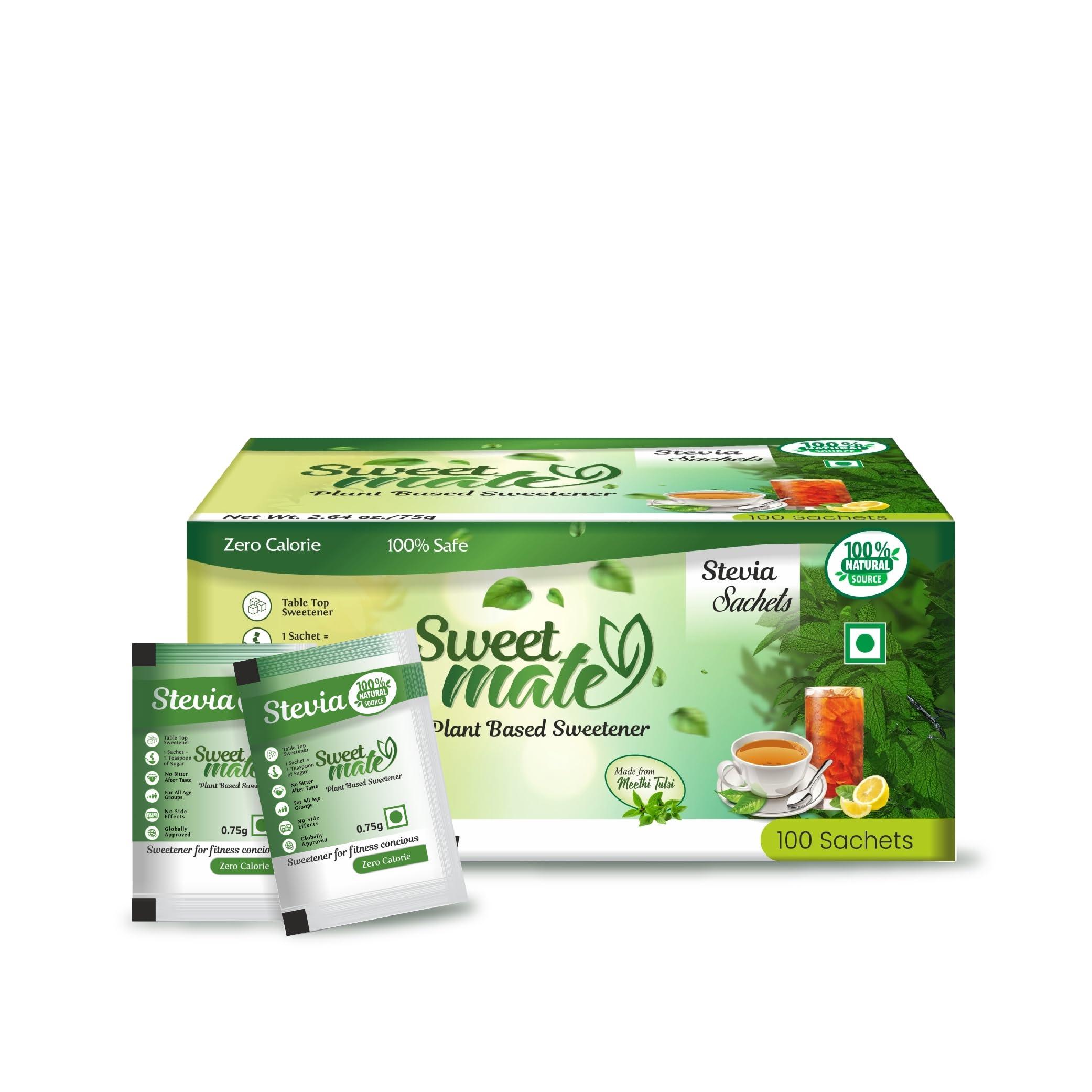 Sweetmate Sweetmate Stevia Sachets 600 (100 Sachets x Pack 6) Servings 100% Sugar Free Vegan Keto Friendly Natural Diabetic Friendly Plant-Based Sweetener Powder with Zero Stevia leaves Powder