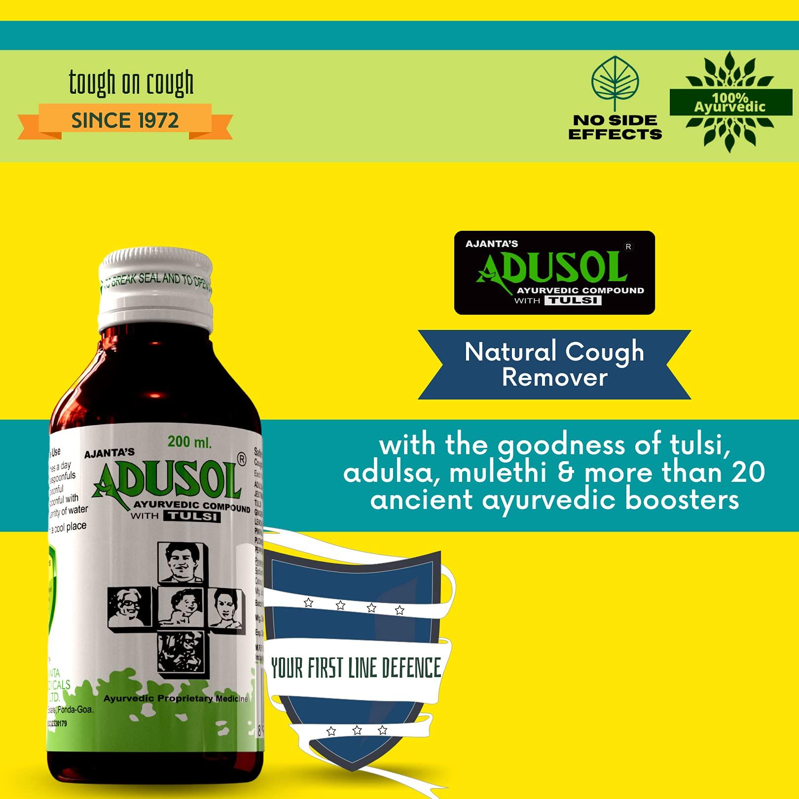ADUSOL Ajanta\'s Adusol Ayurvedic Adulsa Cough Syrup Prevent Cold Wet Dry Cough Good For kids & Adults, 200 ml