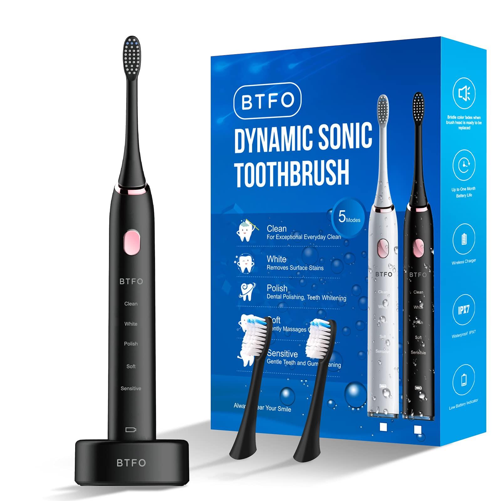 BTFO BTFO Sonic Electric Toothbrush with 5 Modes, 2pcs Replacement Brush Heads USB Rechargeable Smart Electronic Toothbrush with Holder for Adults IPX7 Waterproof Smart Timing Fast Charging (Black)